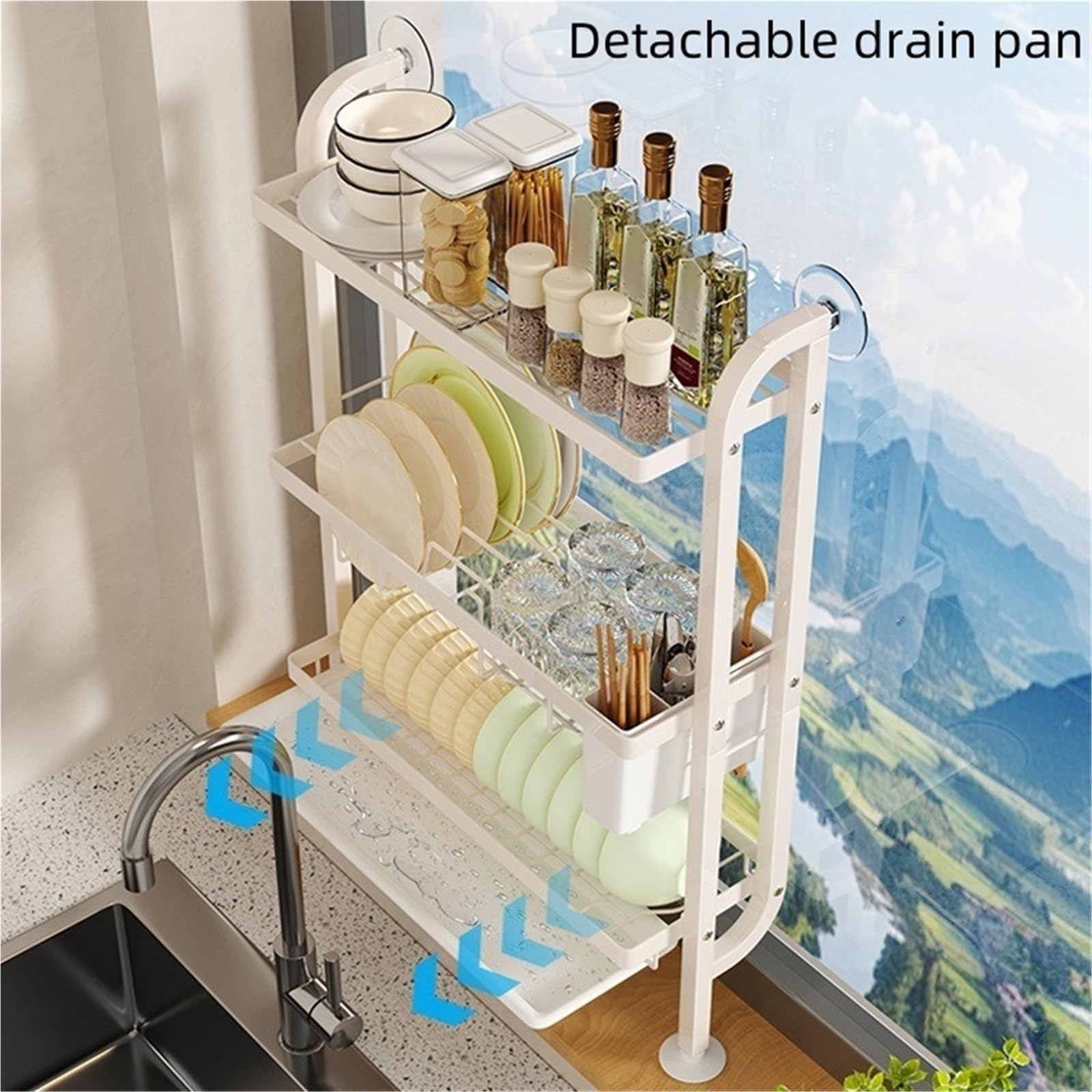 Escurridor de Platos de 3 Niveles para la encimera de la Cocina, Soporte para Cubiertos, Rejilla de Drenaje para el Fregadero, Organizador de Cocina y Estante de Almacenamiento para Platos y