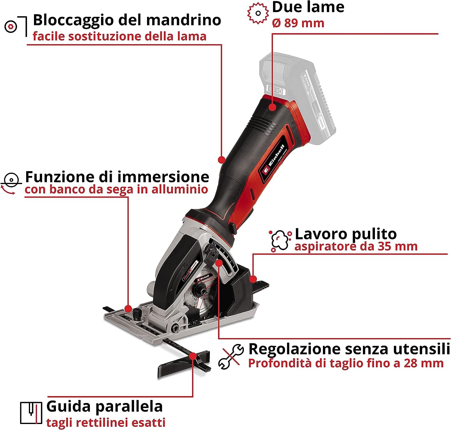 Einhell Mini sega circolare manuale a batteria TE-CS 18/89 Li-Solo Power X-Change (18 V, ioni di litio, 2500 min-1, profondità di taglio 28 mm, diametro della lama 89 mm, senza batteria e caricatore)