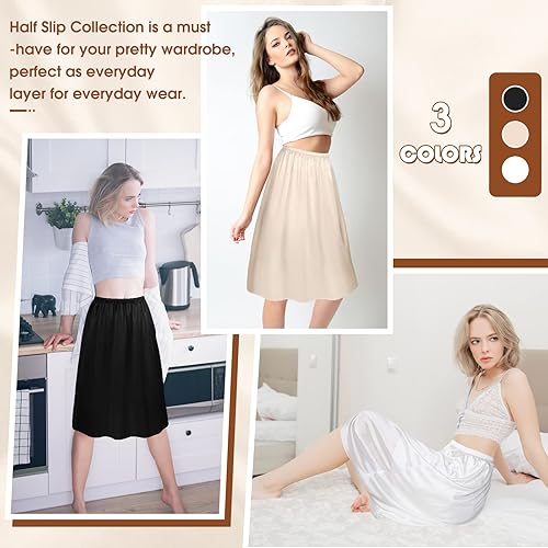 Miniatura 6 de Zhanmai 3 piezas de medias ranuras para debajo de los vestidos, falda extensores, falda para mujer, medio deslizante, satén, antiestática, encaje
