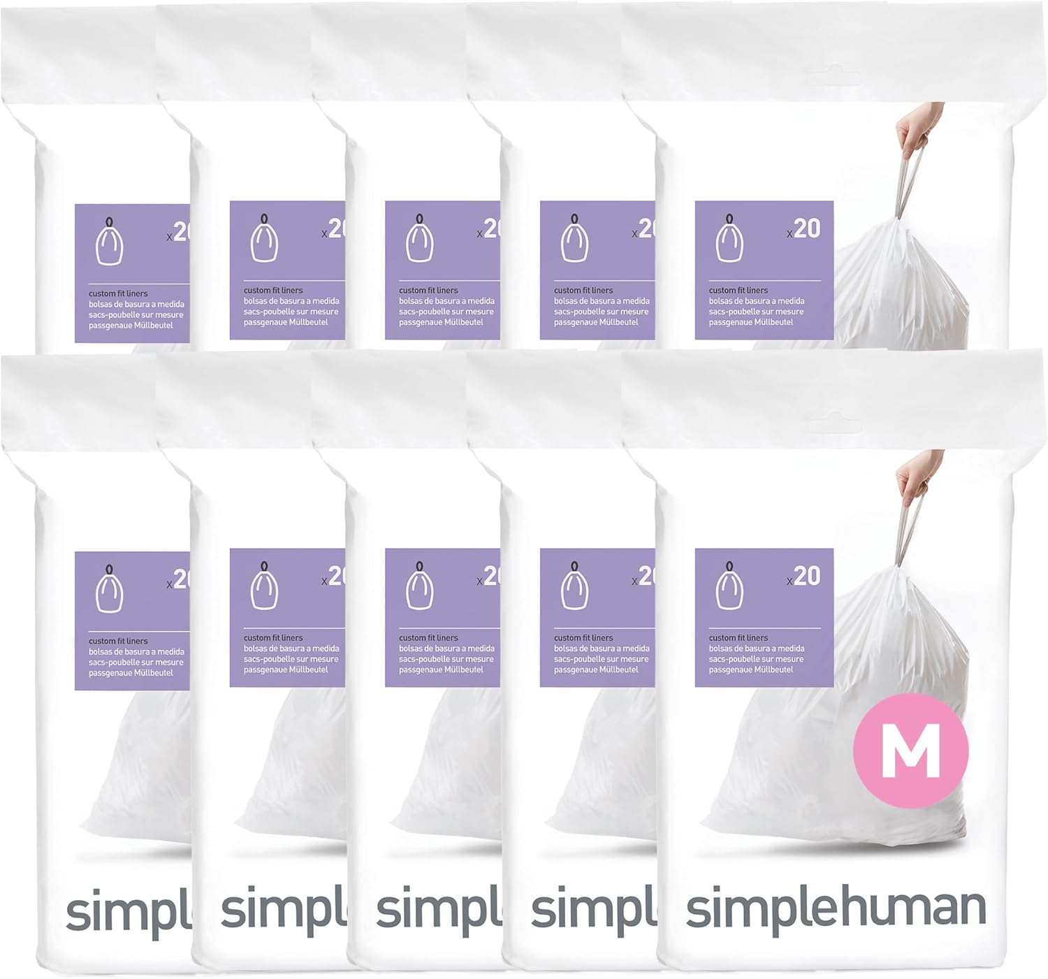simplehuman Code M 200 Count, Dispenser Pack Custom Fit Liners, Drawstring Trash Bags, 45 Liter / 11.9 Gallon, White