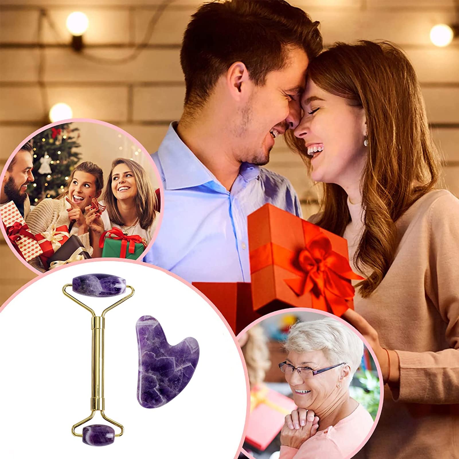Jade Roller Und Gua Sha Set Gouache Amethyst Naturstein Gesichtsmassagegerät Jade Roller Gua Sha Spa Set Akupunktur Kristall Schaben Gouache Gesichtsschaber