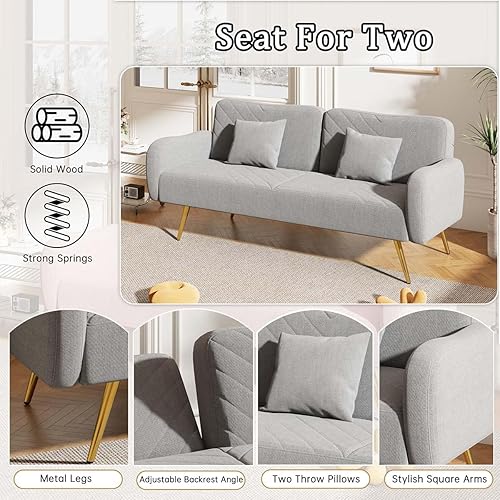 Miniatura 10 de Futón de 70 pulgadas con colchón incluido, sofá cama futón con respaldo dividido y 2 cojines, sofá cama convertible con patas y brazos de metal