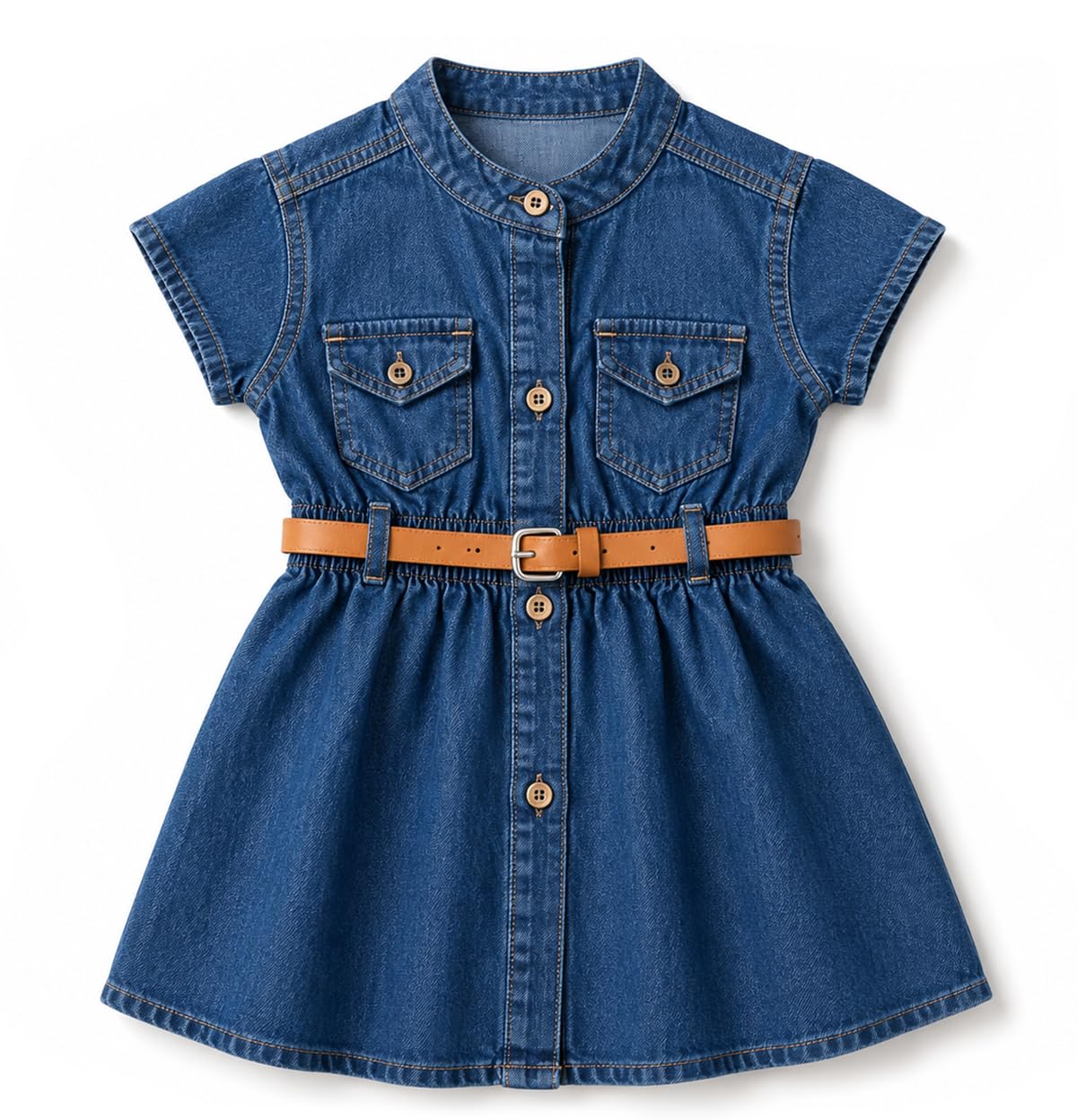 bold n elegant Girl’s Short Sleeve Front Open Stylish Cute Cotton Denim Dress Frock Tunic with PU Leather Belt and Pockets for Infant Toddler Baby Girls-picture-34