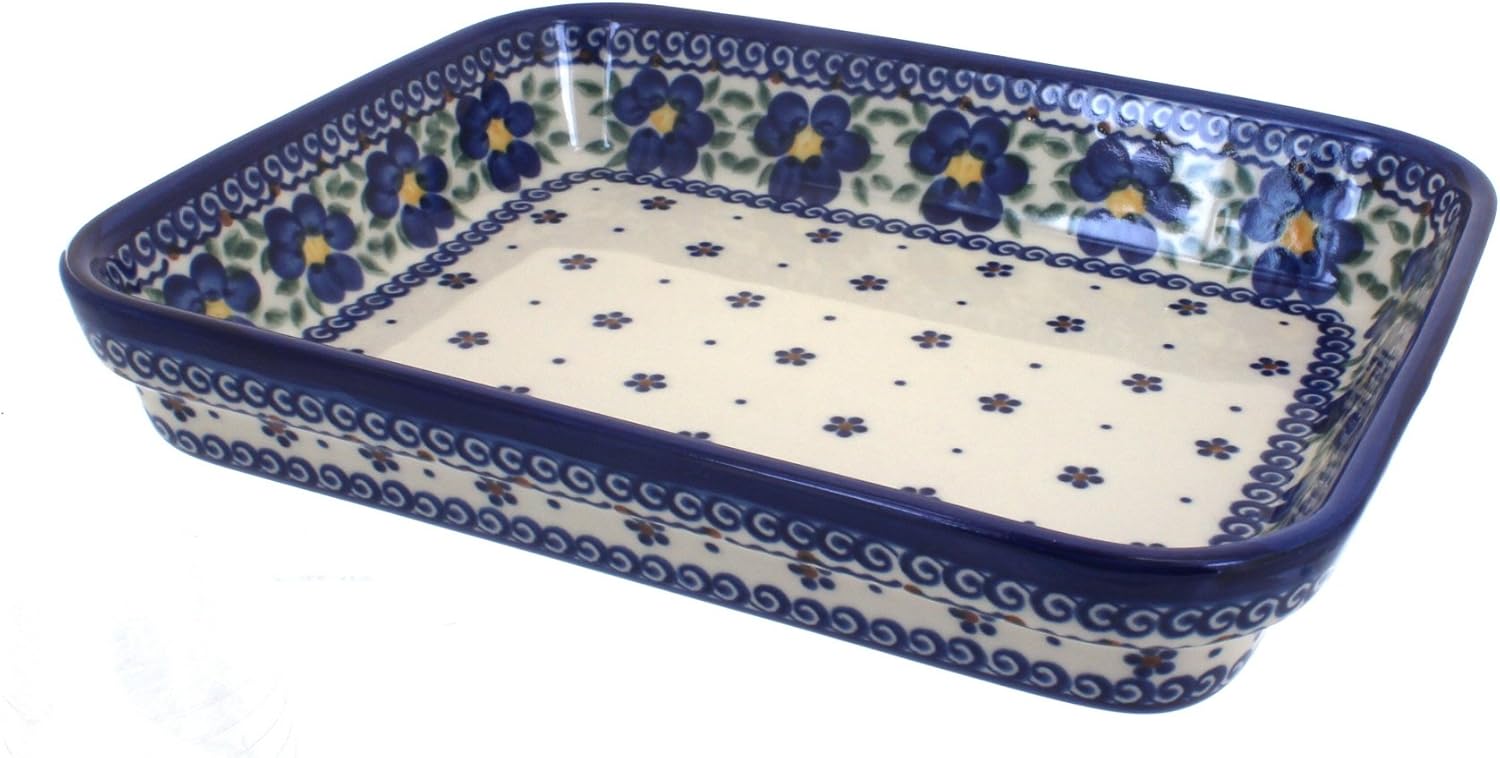 Blue Rose Polish Pottery - Blue Savannah Small Rectangular Baker - 10.25" x 8" - Unique, Dishwasher Safe, & Durable Bakeware
