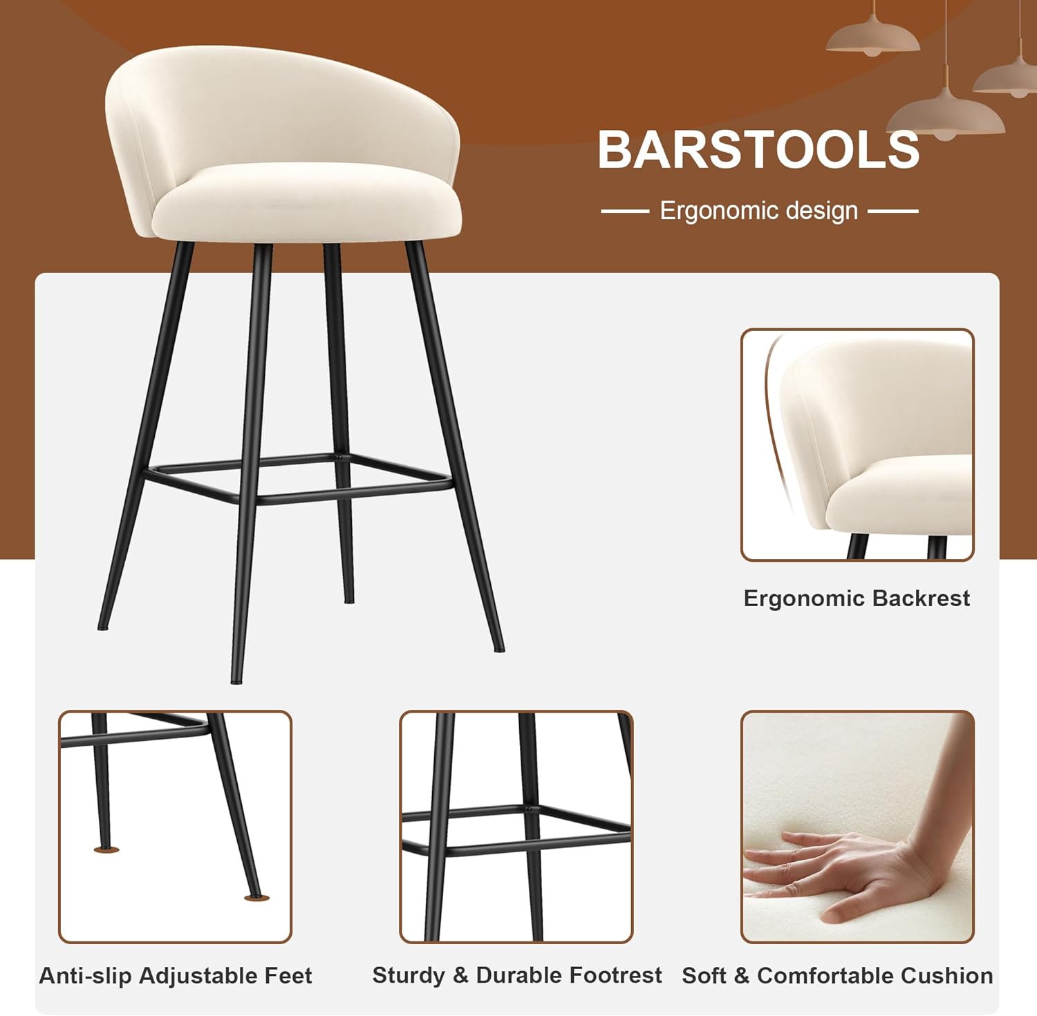 WENTMENT 24 inch Bar Stools Set of 4, Upholstered Barstools, Counter Height Bar Stools Modern Counter Stools for Kitchen Counter Island, White