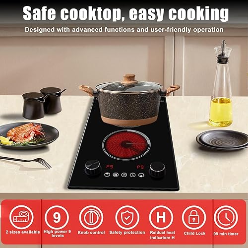 Miniatura 5 de Cocina eléctrica de 2 quemadores, estufa integrada de 12 pulgadas, 2200 W, 110 V, control de perilla, 9 niveles de potencia, protección contra