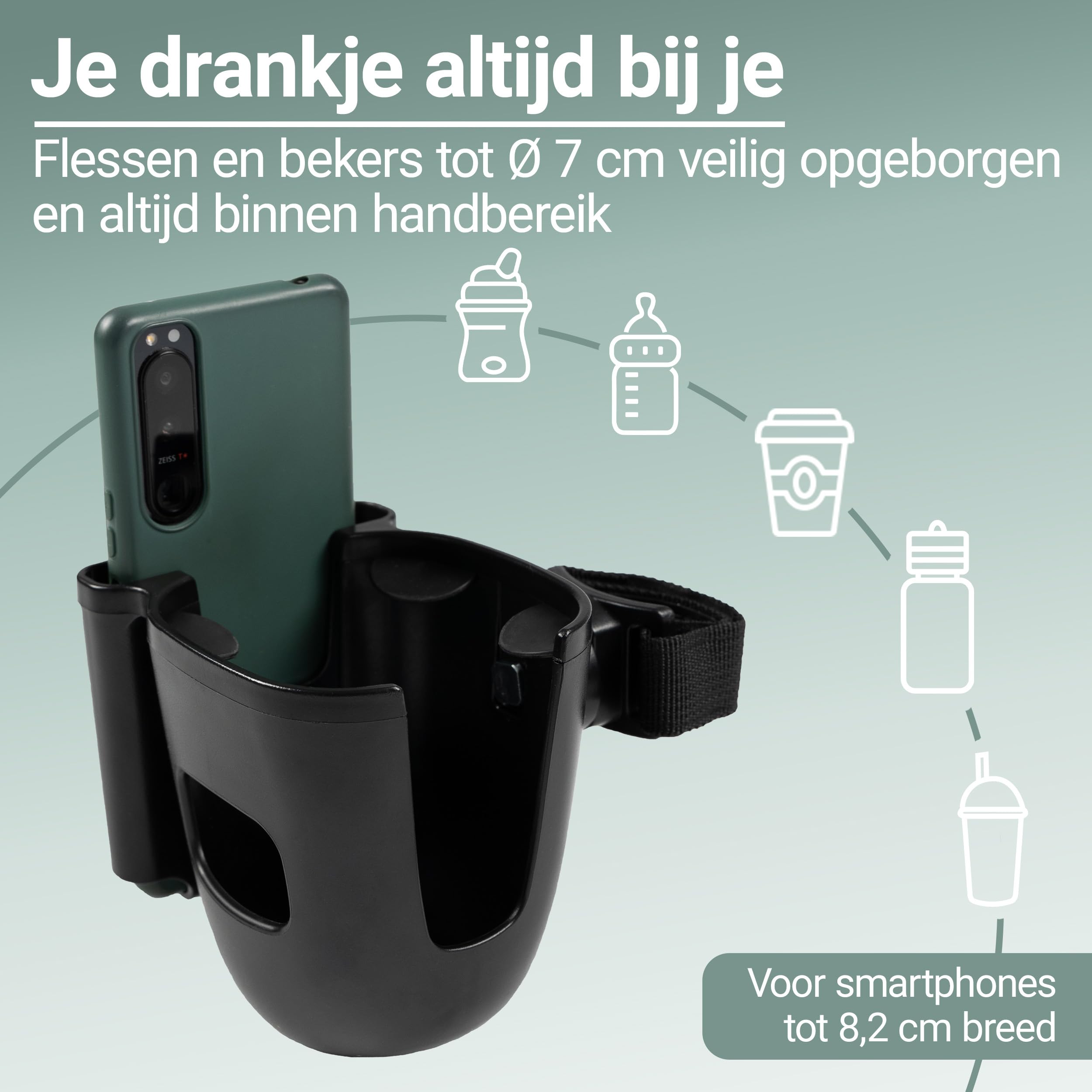 Zamboo Porta bottiglie Carrello con supporto per cellulare | Supporto per bevande universale 2 in 1 per bicchieri - Biberon e smartphone | Girevole a 360° | Facile da montare - Nero