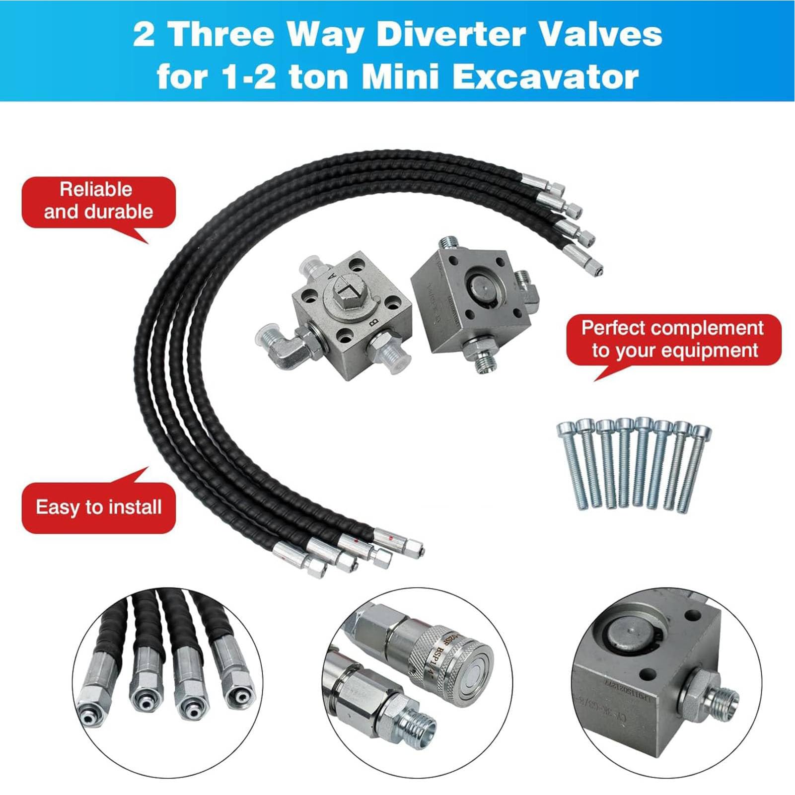 2 Drei-Wege-Umleitungsventile Bagger für 1-2 Tonnen Chinesische Minibagger, Hydraulische Umschaltventile MiniBagger-Befestigung mit 31 Zoll Flexiblen Schläuchen Passen