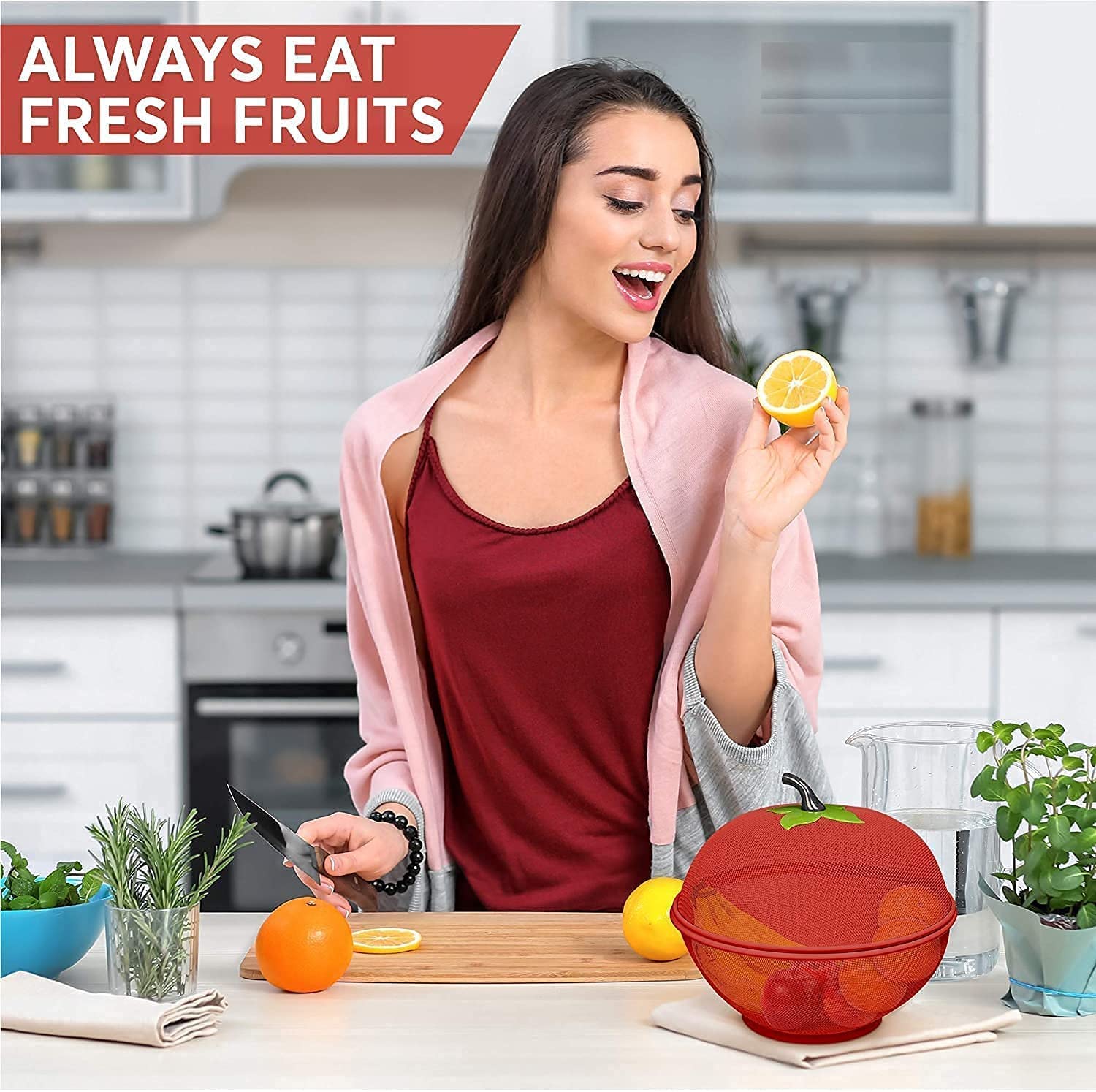 OMAZING KITCHEN Apple Shape Net Fruits Basket for Kitchen (Large Size 28.5 cm) | (Red) 3