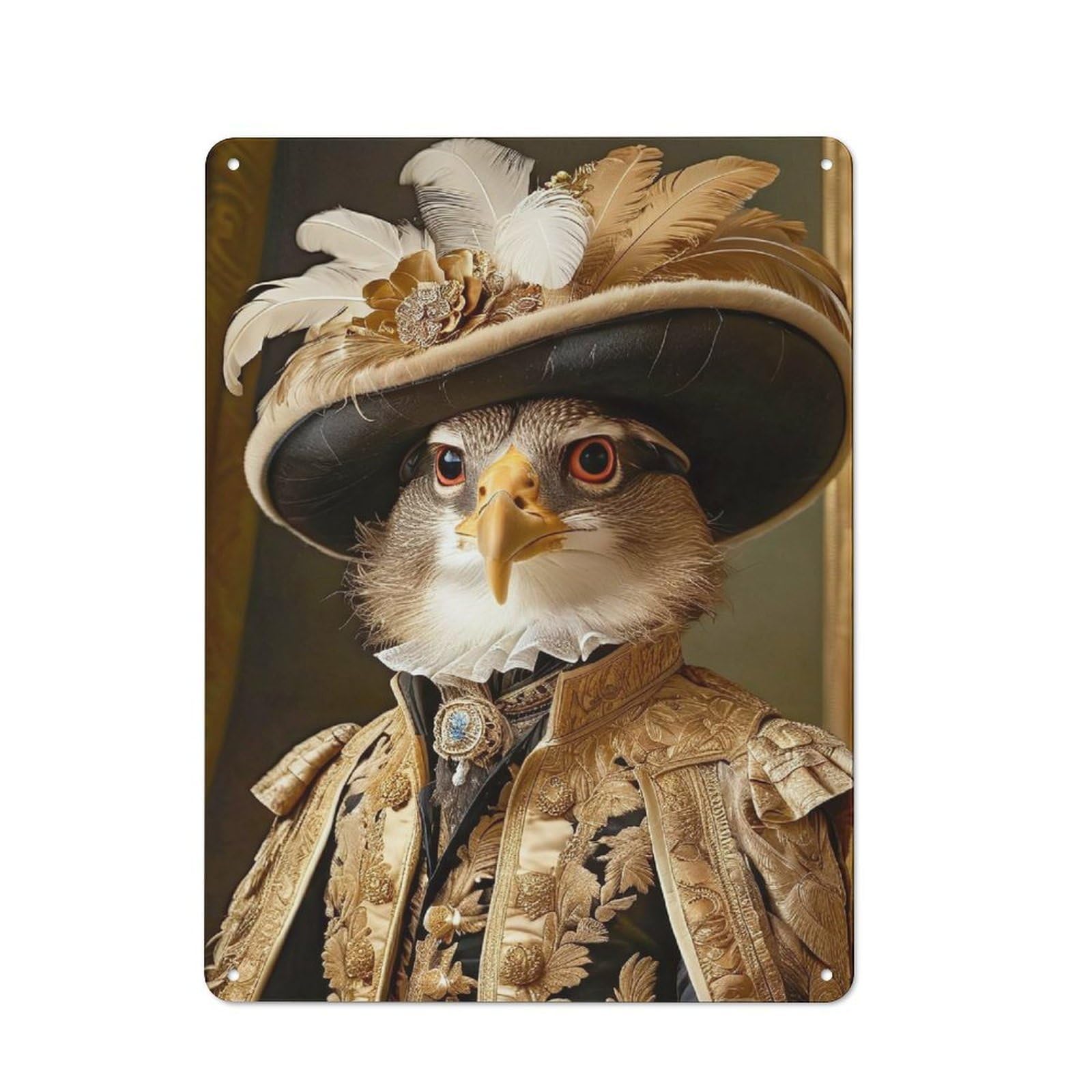 Retro Metal Sign with Hawk in Regal Attire Design 40x30cm, Distressed Look Retro Room Decor for Living Room, Hallway, Kitchen Or Cafe