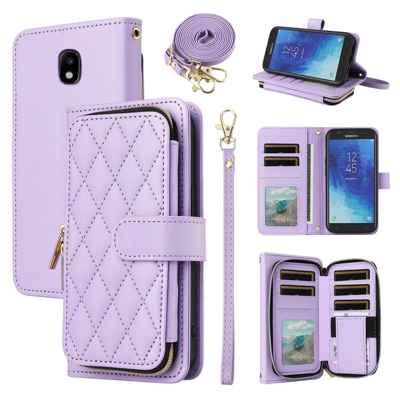 Furiet Argyle Wallet Case for Samsung Galaxy J7 Star J 7 Crown 7J Refine 2018 J7V V 2nd Gen with Wrist Strap Shoulder Strap, 9+ Card Slots Zipper