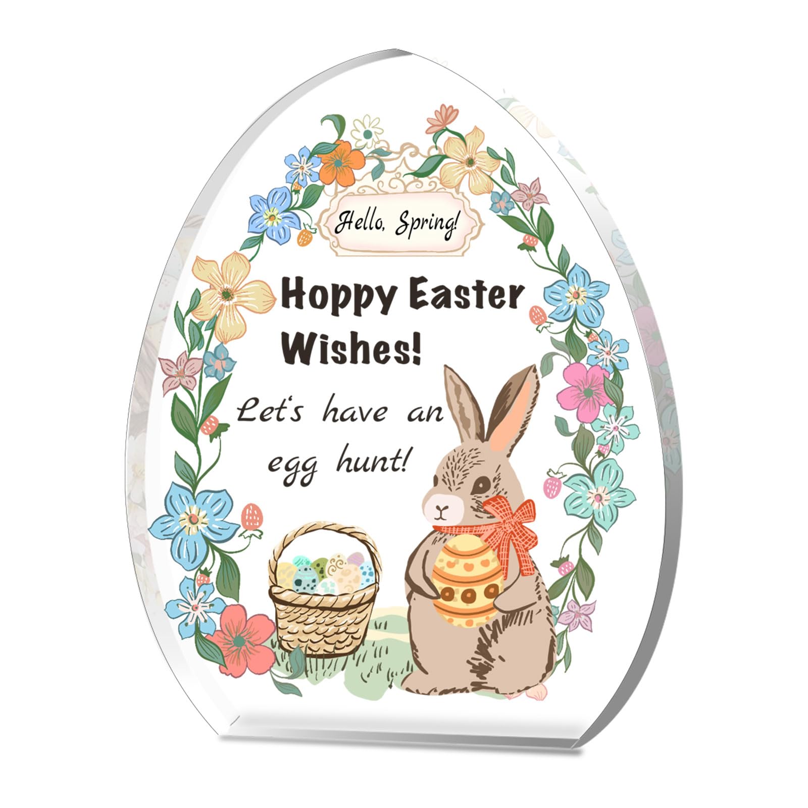 Easter Acrylic Plaque Decor - Hello Spring! Egg-Shaped Gift for Couples with Bunny, Eggs & Basket, Festive Tabletop Decor