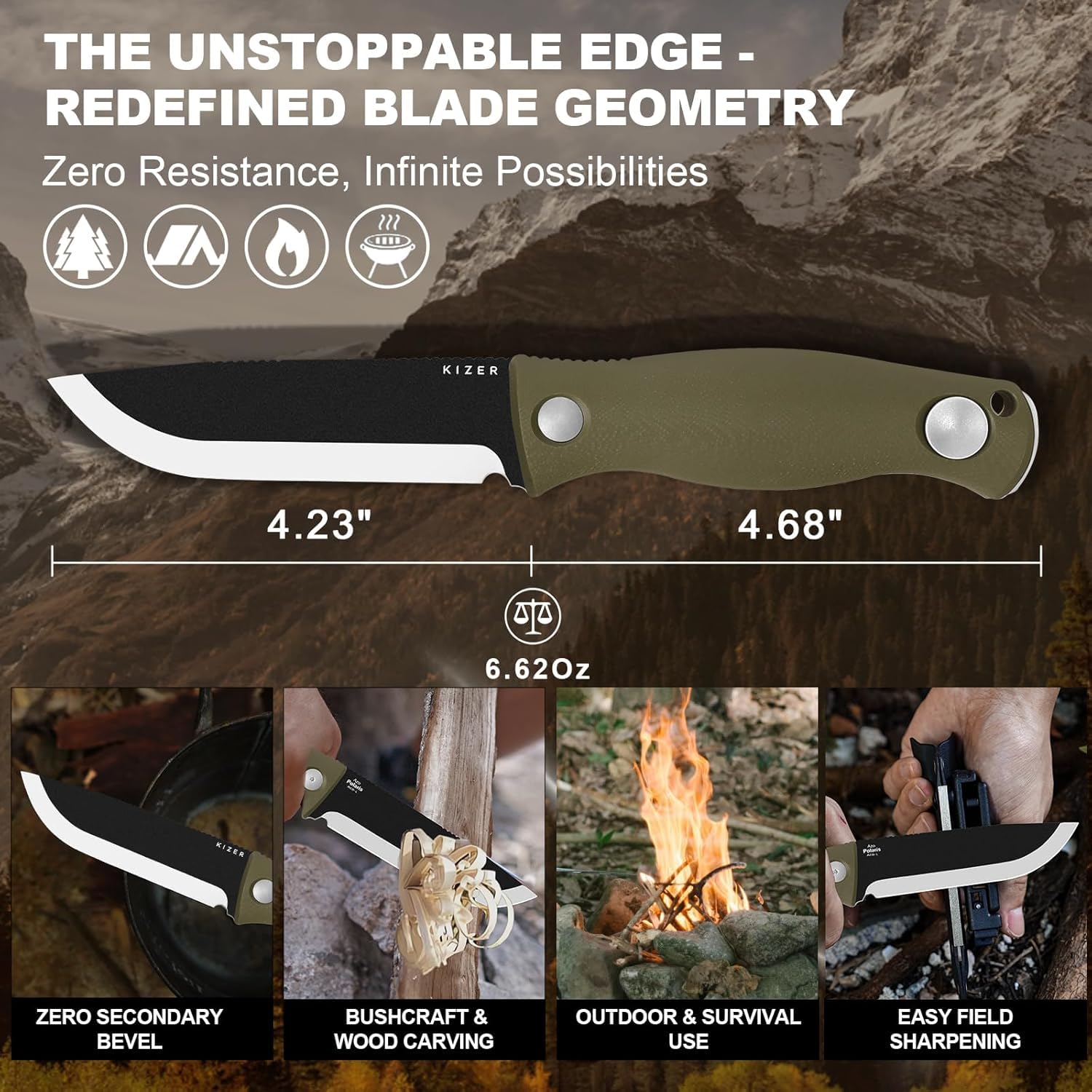 Kizer Polaris Feststehendes Messer, 4,23 Zoll 1095 Stahl Feststehende Klinge mit G10 Griff, Drop Point Outdoor Messer für Camping Wanderungen Überleben 1100A2