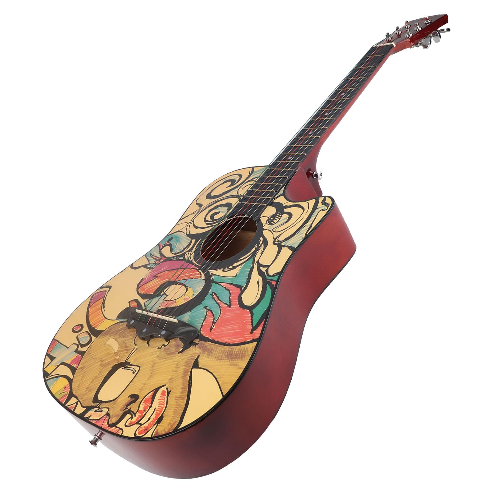 Drewniana Gitara, 38-calowa Gitara Akustyczna z podstrunnicą o Dużej Gęstości i Wzorem Graffiti, dla Początkujących