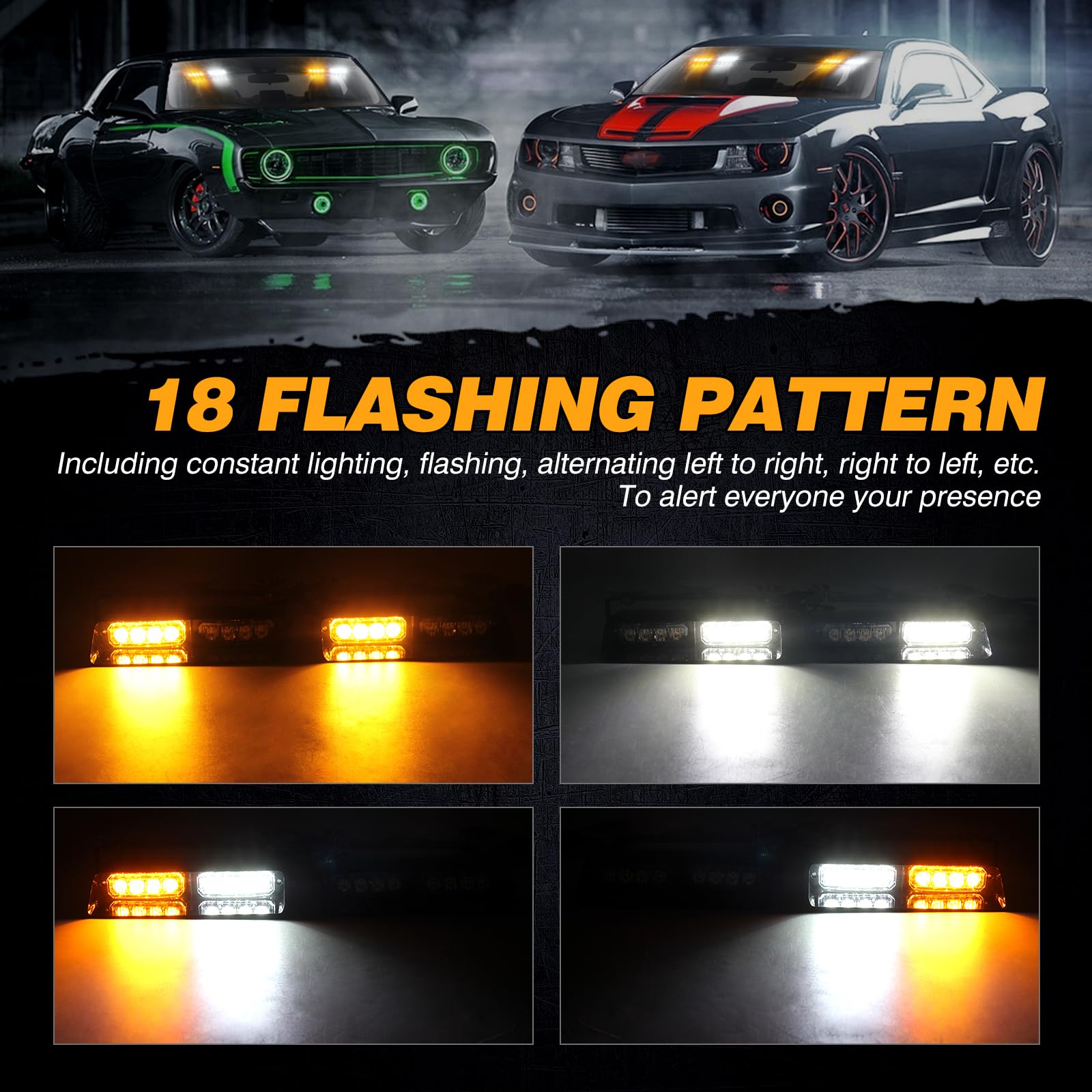 Luci stroboscopiche 2 in 1 per parabrezza, 12 V, 2 luci stroboscopiche di emergenza da 18 cm, con ventose, 16 LED, 18 modalità lampeggianti, barra per auto e veicoli