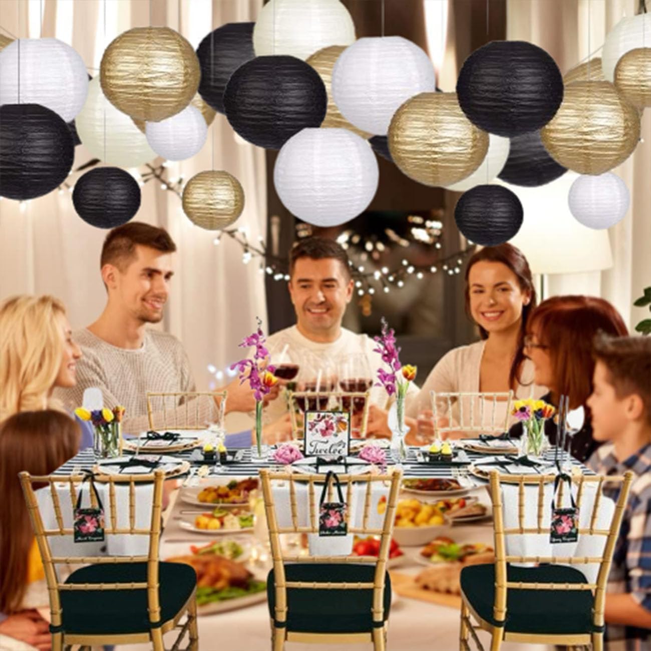 Paper Lanterns Decorative, Hanging Chinese Lanterns Indoor Outdoor for Birthday, Wedding, Christmas, Bridal, Home Decor, Ceiling Decorations Black/Gold/White 12pcs(Size of 4”, 6”, 8”, 10”)