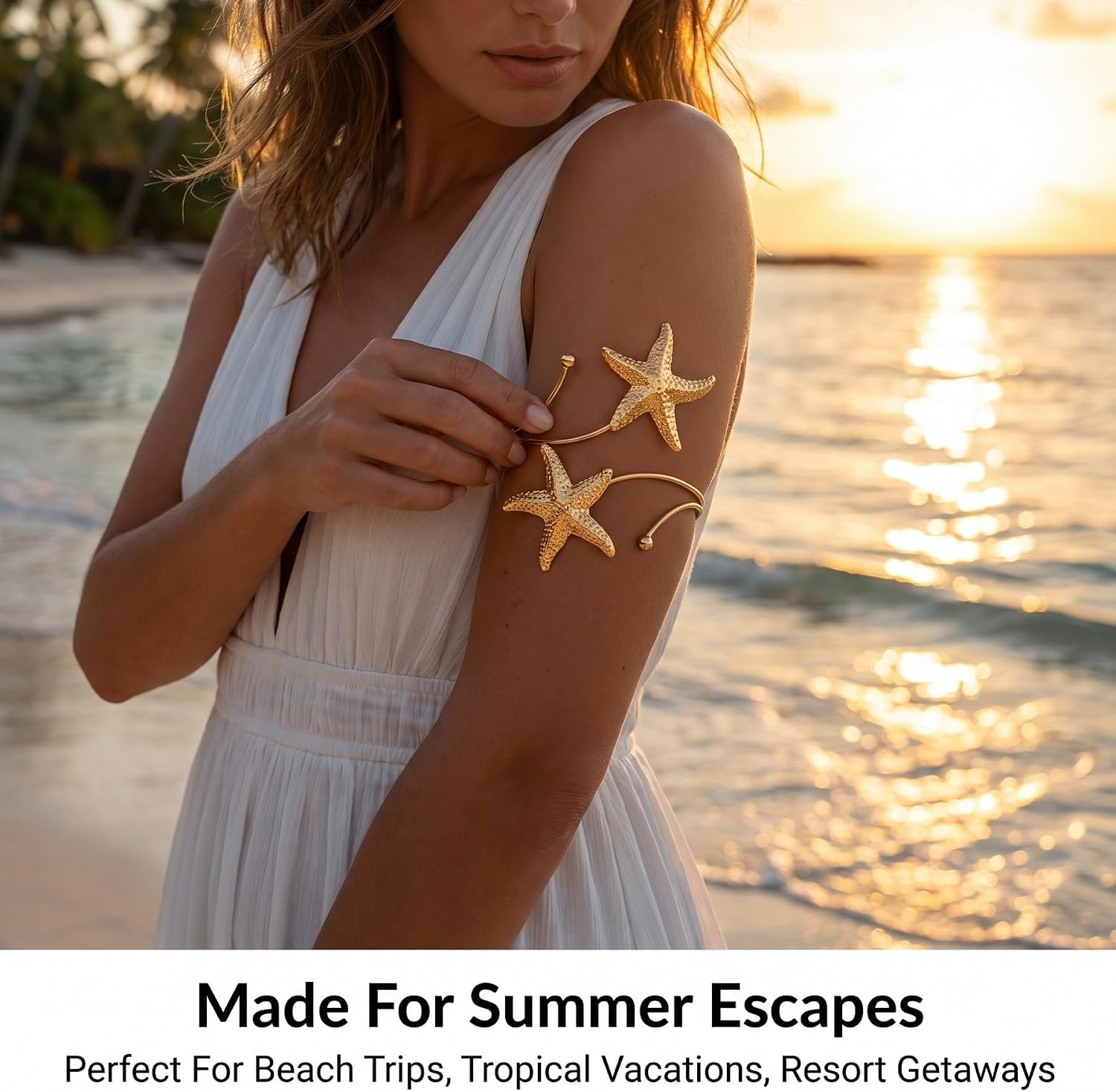 INSYOHO 4PCS Gold Arm Cuff for Women - Boho Flower Starfish Sun Butterfly Arm Jewelry Upper Arm Bracelet Open Adjustable Arm Cuff Bangle Band Armlets for Women Summer Beach