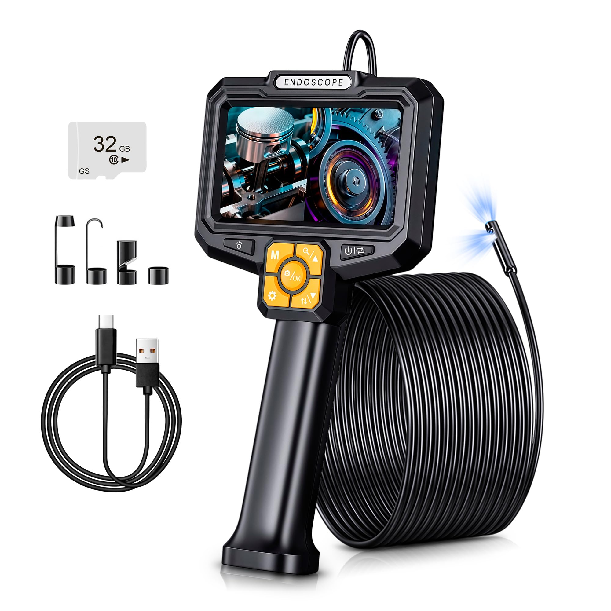 Kamera endoskopowa ze światłem, wodoszczelność IP67, endoskop 5", ekran IPS 5", kamera rurowa 2 MP HD z 9 regulowanymi diodami LED, półsztywny kabel 10 m