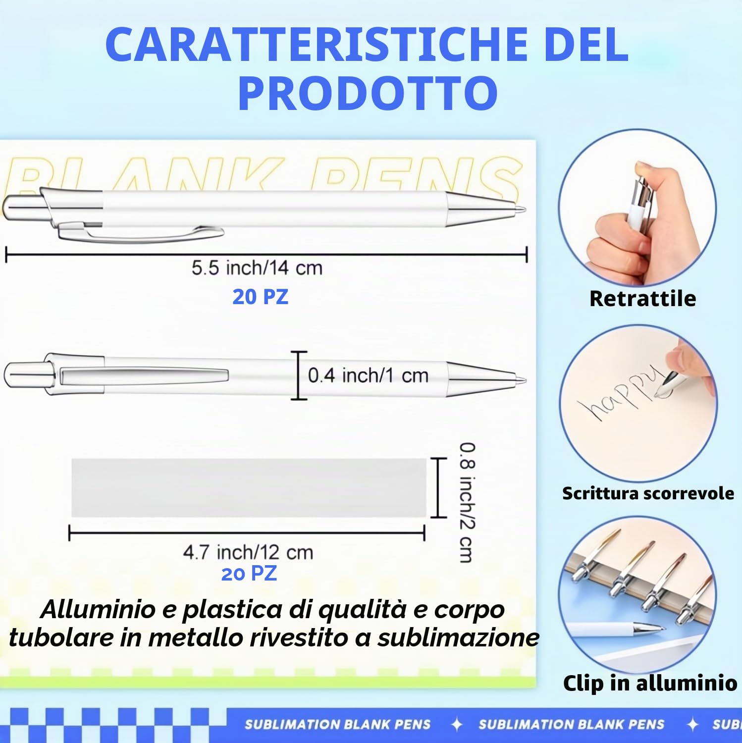 LATERN 20 Pezzi Penna a Sfera a Sublimazione, 14CM Penna a Trasferimento Termico Vuota Penna a Sfera Retrattile con Clip in Alluminio con 20 Pellicole Termoretraibili per Ufficio Scuola Natale