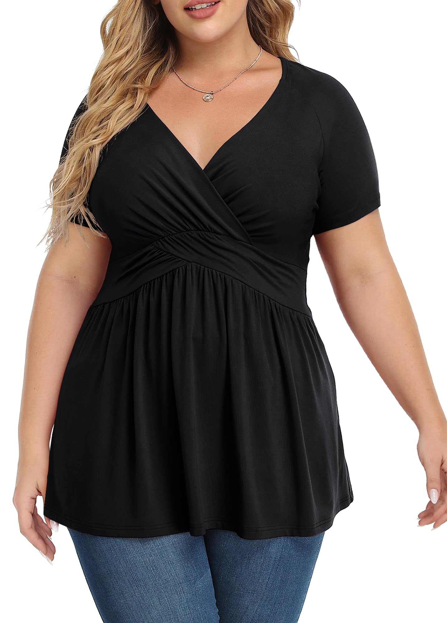 Women's Plus Size Dressy Tops Wrap Shirt Short Sleeve Tunic Top V Neck Low Cut Cute Blouse