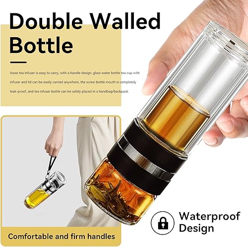 Miniatura 3 de Botella infusora de té, 16.9 fl oz/16 onzas, botella de agua de vidrio de doble pared, taza de té de viaje, vaso de agua de vidrio con filtro de