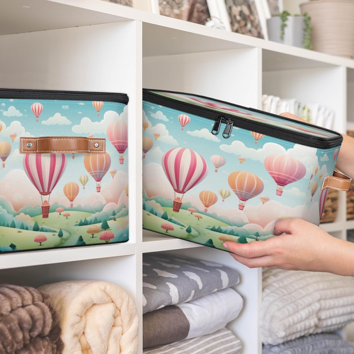 Storage Bin Set of 2 Dream Hot Air Balloon Storage Basket with Zipper Lid & Handle Foldable Closet Shelf 2 Pack Cloth Organizer Basket Cube Bins Clothes Organizer for Nursery, Bedroom