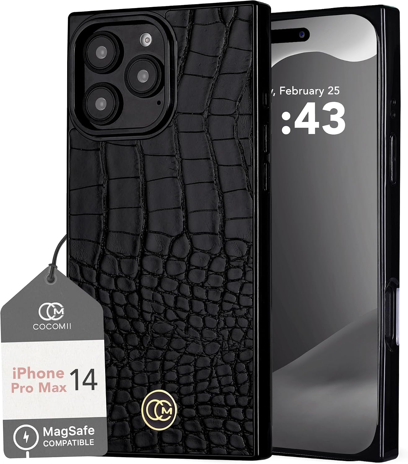 COCOMII iPhone 14 Pro Max Case + Ring Grip, Black Crocodile Leather