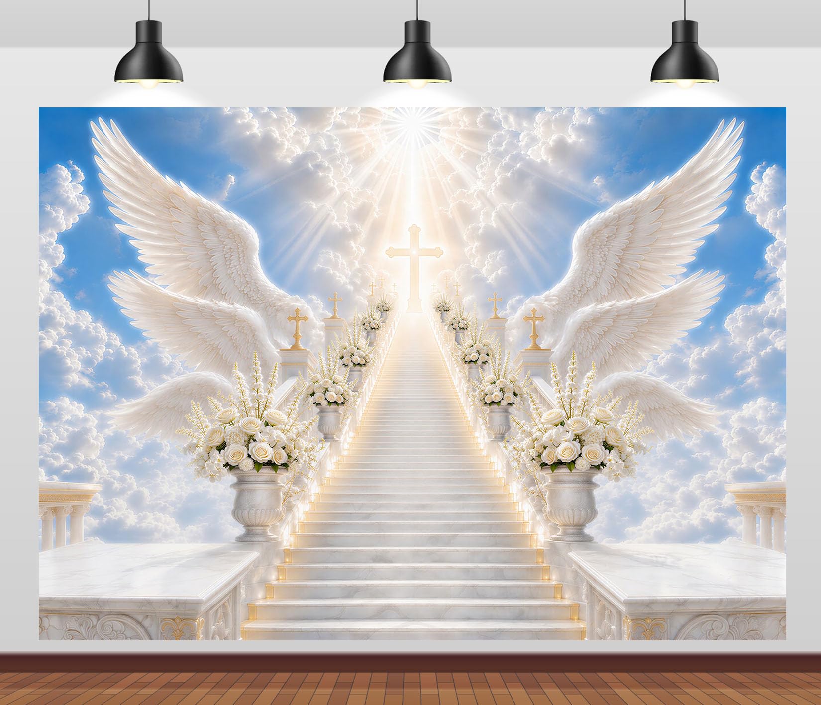 10x6.5FT (3x2m) Ali Bianche Scala Celeste Sfondo Fotografico | Sentiero Luminoso Fondale In Tessuto,Ali D Angelo Croce E Fiori Bianchi,Cerimonie Religiose,Personalizzabile,Photo Booth