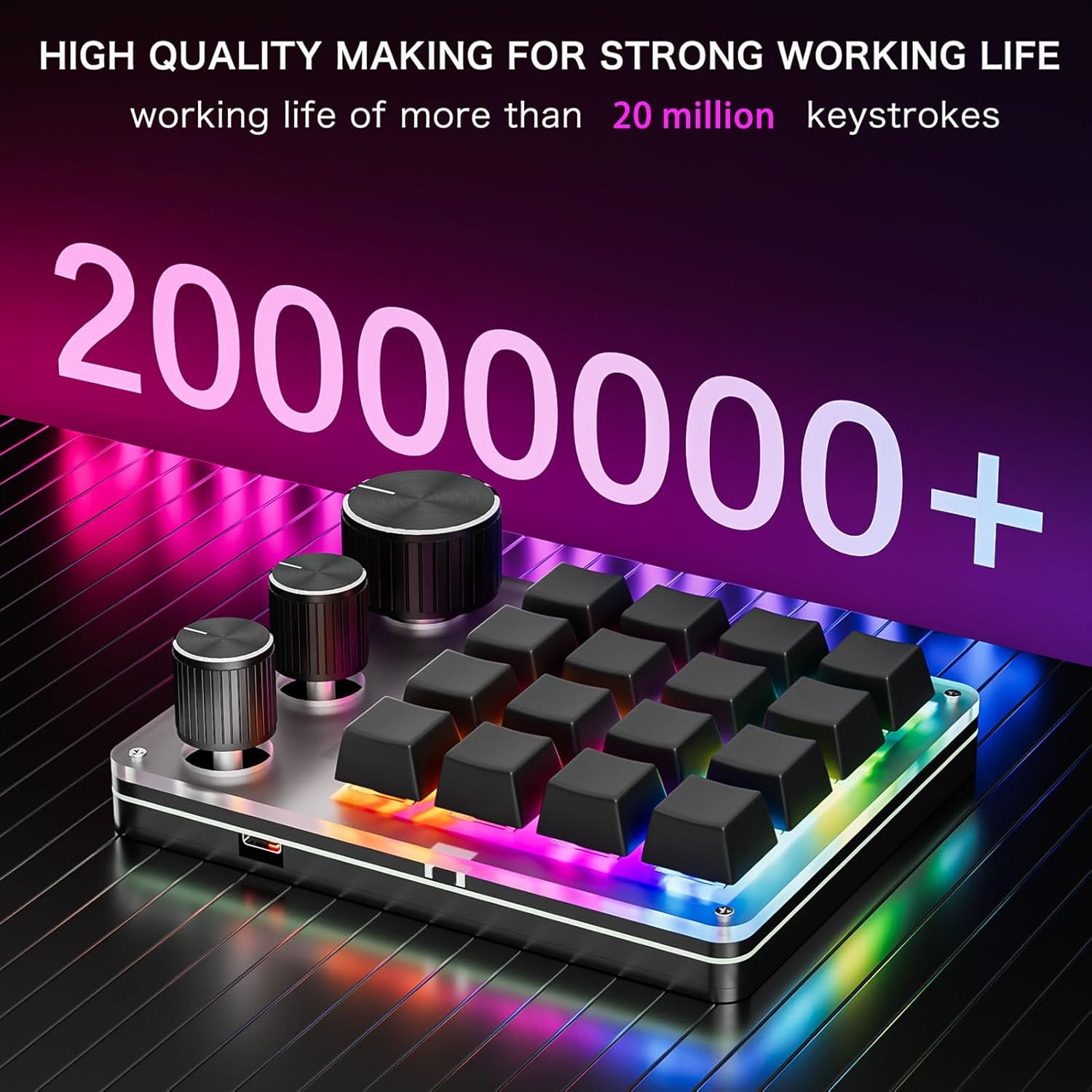 Close-up of the Vbestlife Mini Macro Keypad showing the mechanical switches, USB-C port, and metal knobs.