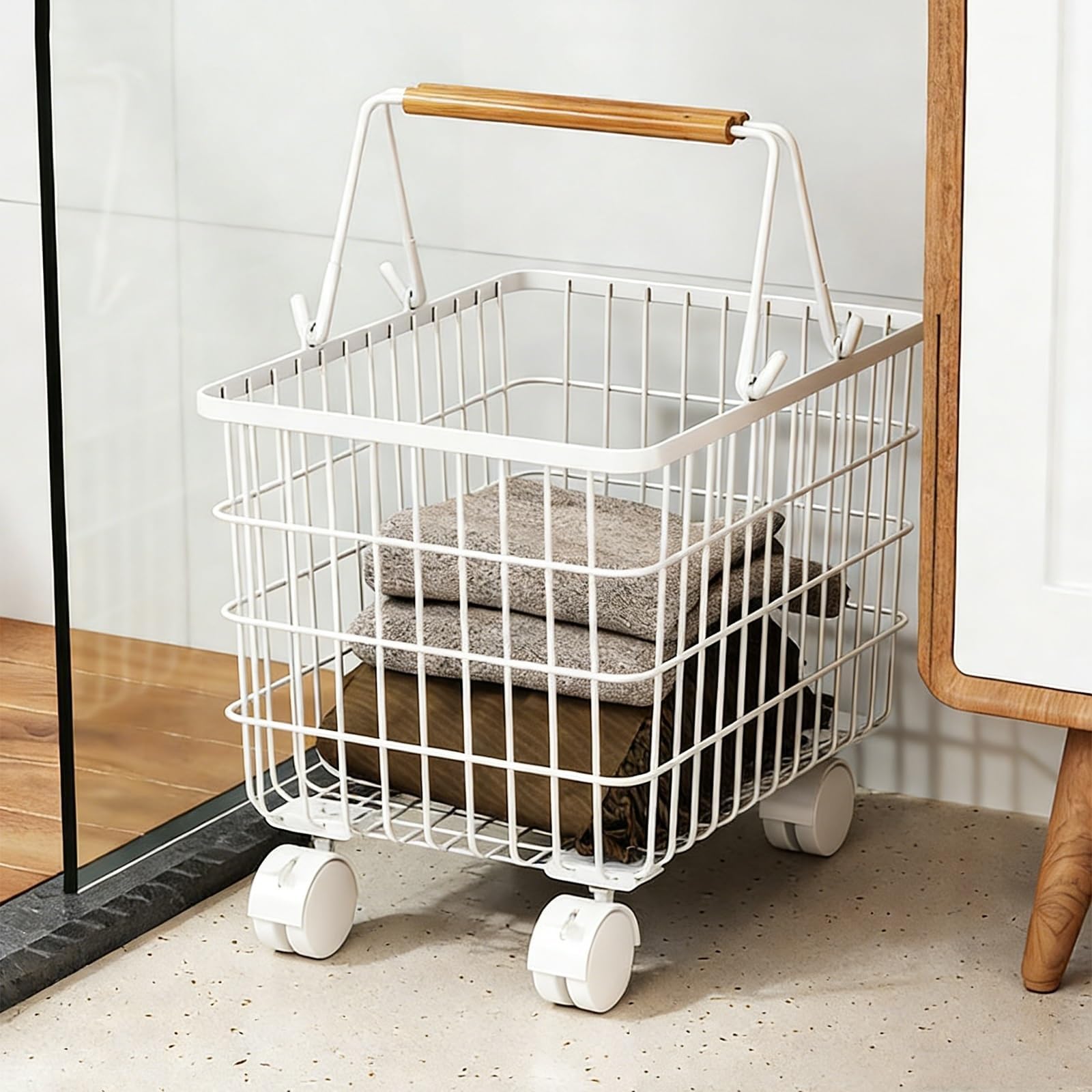 Cesto Portabiancheria Con Ruote, Cesto Robusto E Di Grande Capacità | Con maniglia, design salvaspazio for riporre in modo efficiente i vestiti sporchi(White,31cm)