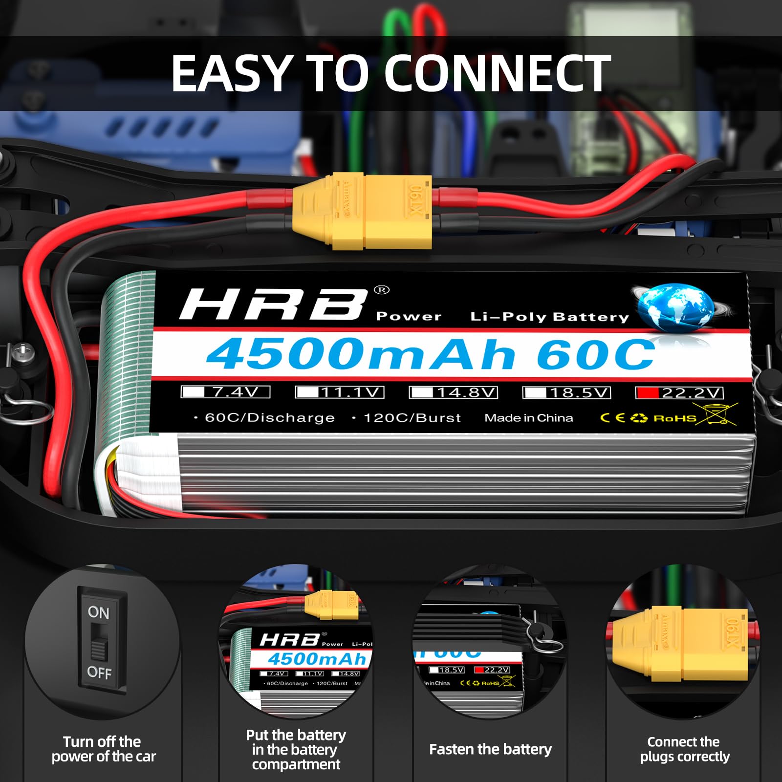 HRB 22,2 V 4500 mAh 60C z wtyczką XT90 Lipo akumulator do samolotu RC samochód ciężarowy, ciężarówka hobbistyczna (2 sztuki)
