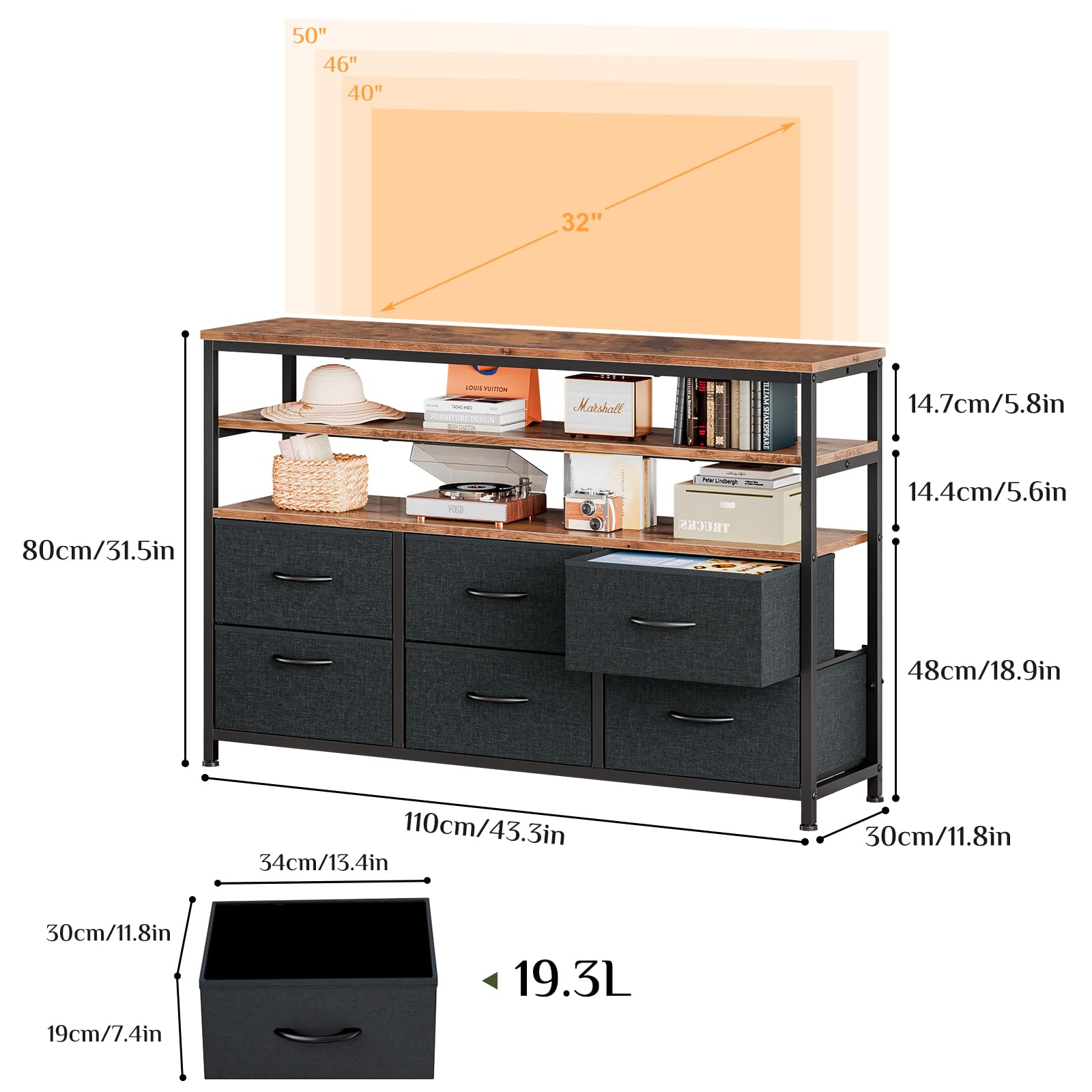 Mobile TV lungo 100 cm, mobile TV da soggiorno con cassetti in tessuto, armadio per TV con ripiani per soggiorno, camera da letto, telaio in metallo, nero, altezza 80 x larghezza 100 x