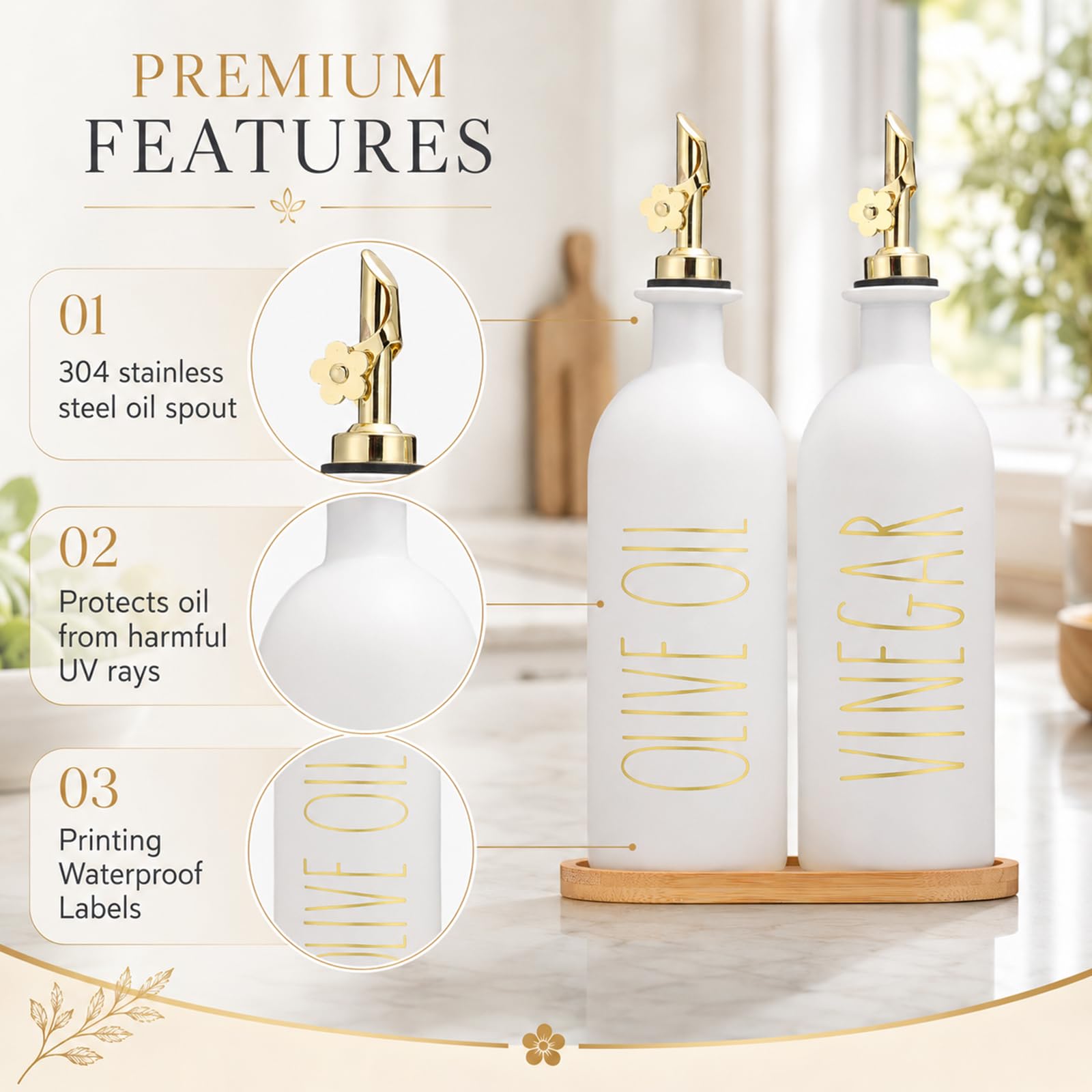 HOMCDALY Botellas dispensadoras de aceite de oliva de 16 onzas para cocina, juego dispensador de aceite y vinagre dorado, dispensador de aceite de vidrio para cocina con bandeja de bambú, juego de 2
