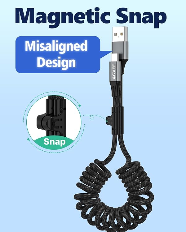 AGVEE 3ft Carplay Cable for iPhone 17 16 15, [USB-IF Certified] Coiled USB-A to USB-C Car Play & Android Auto Cord, Fast Charger Charging Data Transfer Cable, Dark Gray by AGVEE - Image 2