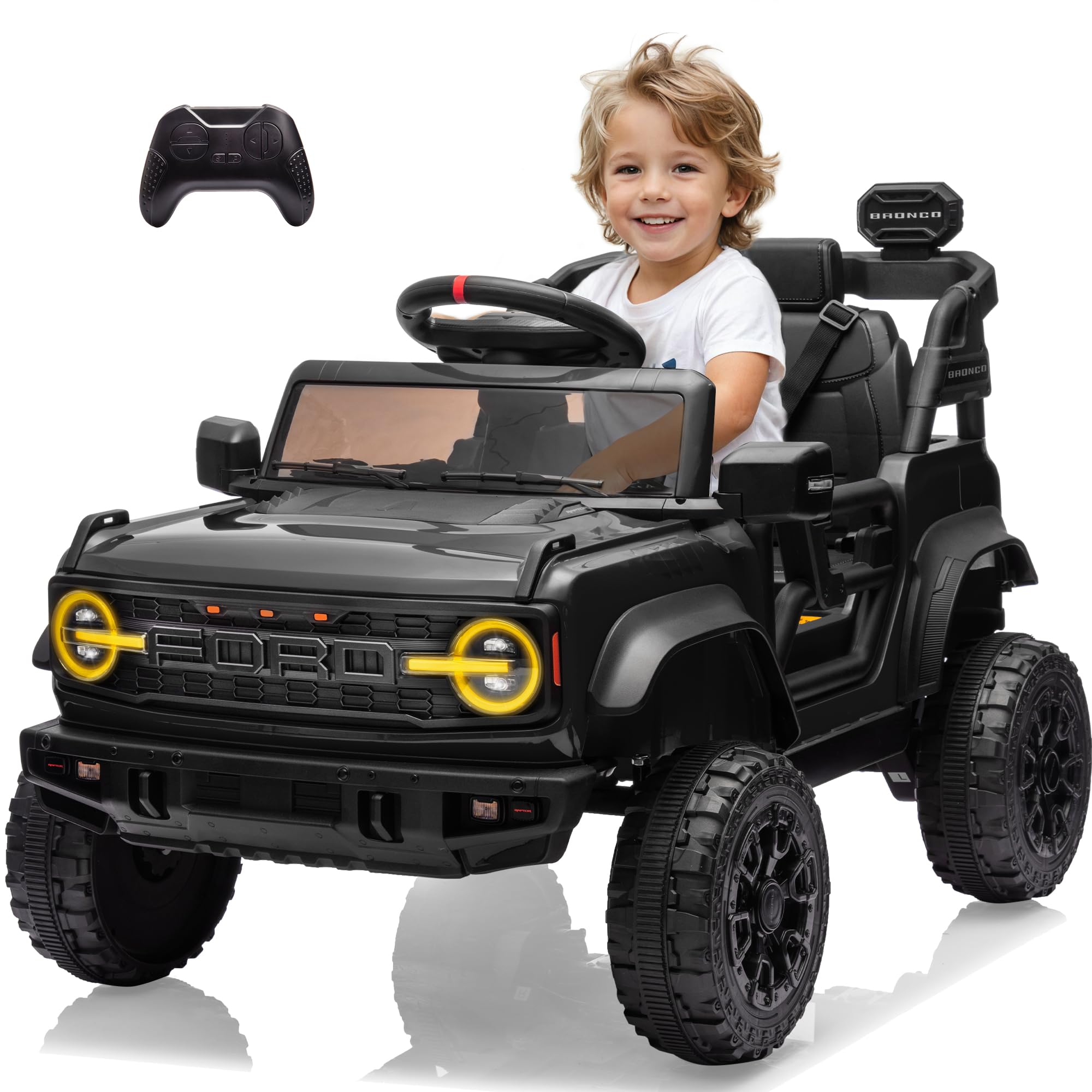 12v Ride On Truck with Remote Control Licensed Ford Bronco Raptor Electric Vehicle for Kids,Toddler Cars to Drive,Sefety Belt,Lockable Door,Slow Start,1.3-2.5 Mph,Bluetooth Music