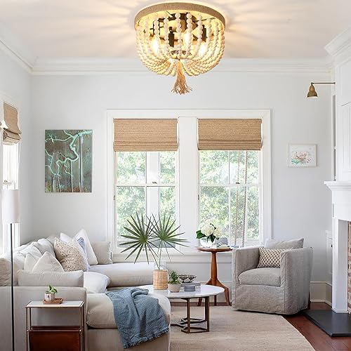 Miniatura 2 de Lámpara de techo bohemia con cuentas de madera, 4 luces de roble blanco, estilo bohemio, para dormitorio, pasillo, entrada, cuarto de bebé, pasillo,