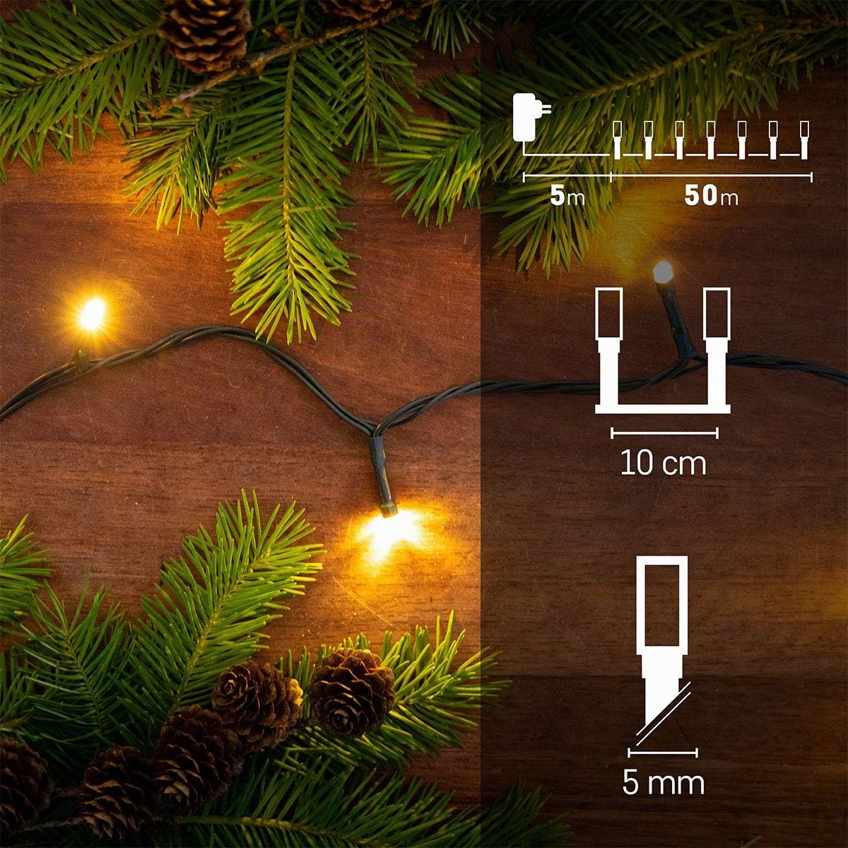 EMOS Guirlande lumineuse LED type Classic Blanc Chaud, longueur 50 m, 500 LED, 230 V avec prise, avec fonction de minuterie, pour un usage intérieur et extérieur, protection IP44, Sapin de Noël