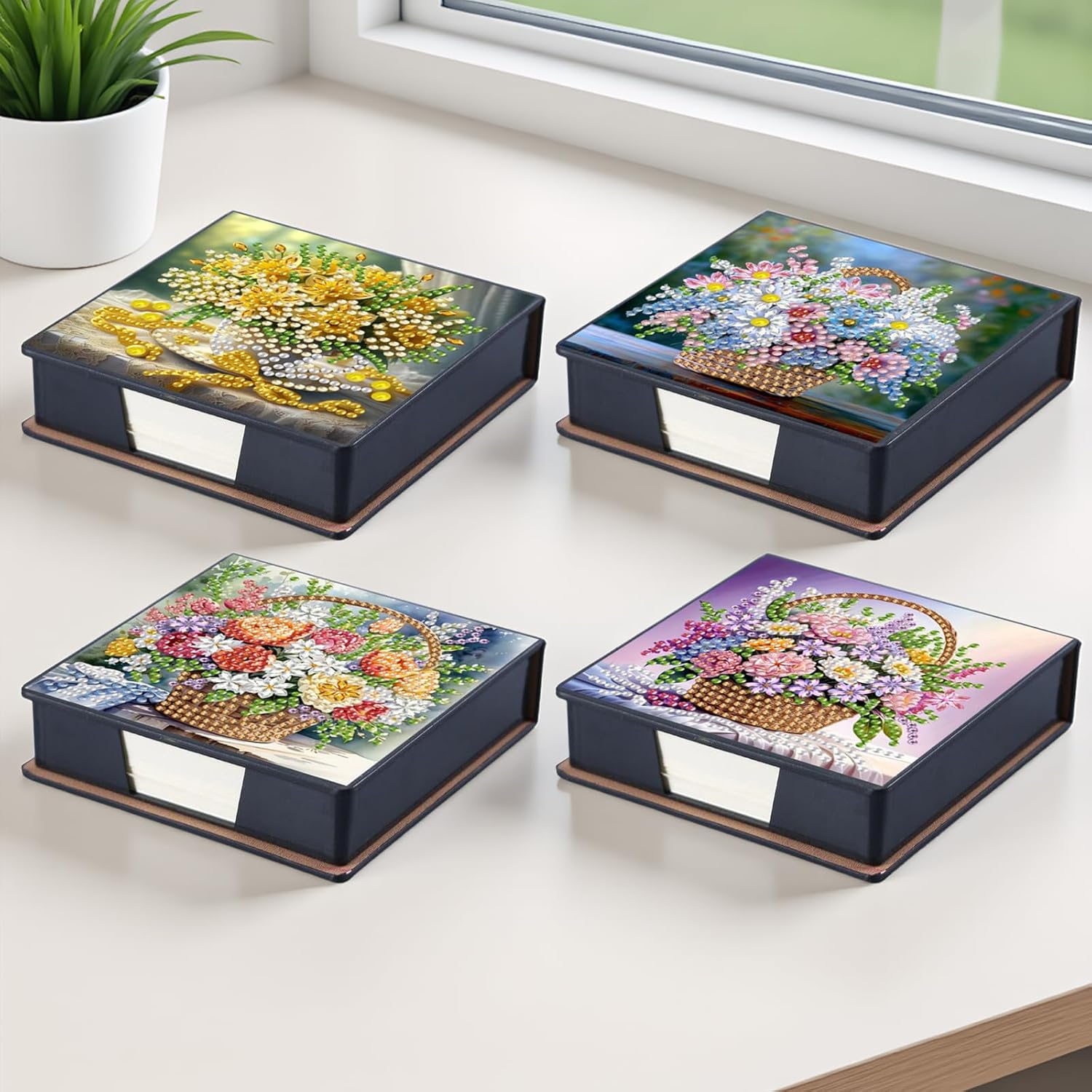 4PCS Diamond Art Painting Notecard Box- Sticky Note Box with Total 640 (160 Pages Each) Sheets of Paper, Gem Art Sticky Note Holder,Memo Pad for Office Desk(Flower Basket)