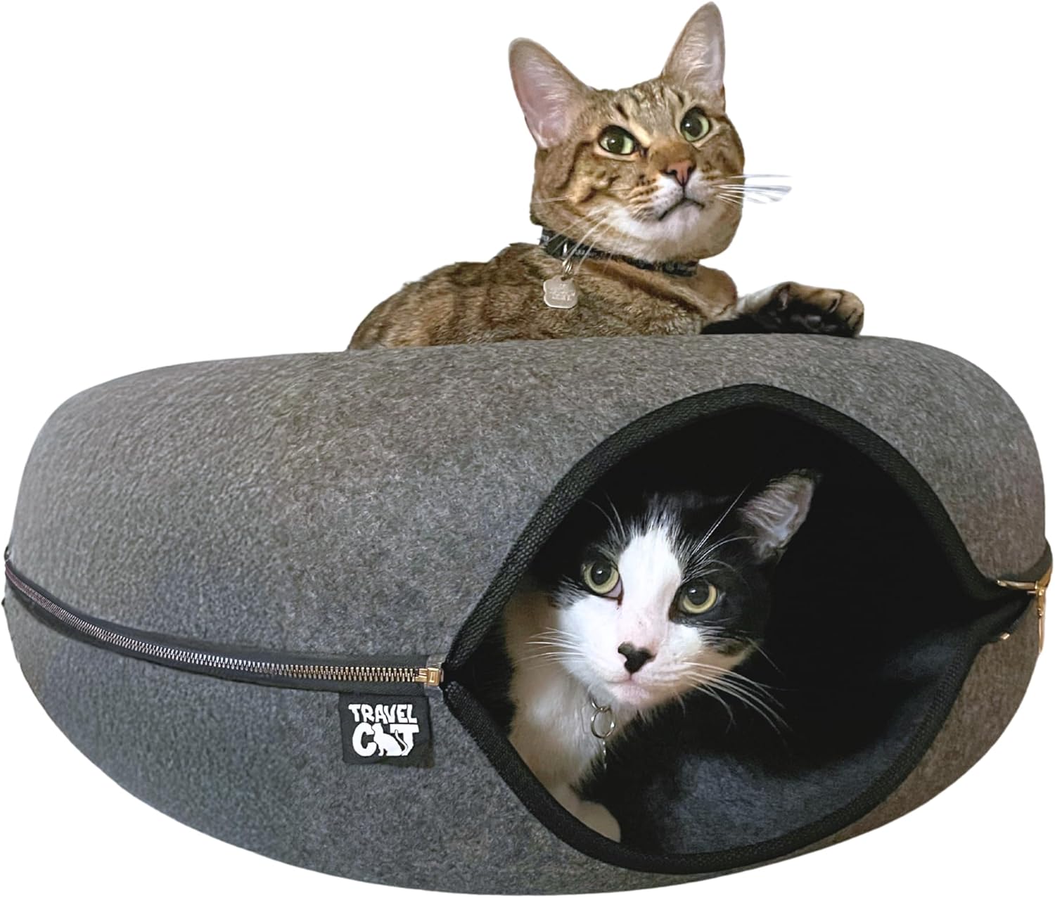 Travel Cat Tunnel Bed Cave - 21 Inch Large Premium Grey Round Donut Cat Cave for Indoor Cats, Kitten - Detachable Cat Hideaway Cat Bed with Tunnel for Playing, Scratching, Sleeping