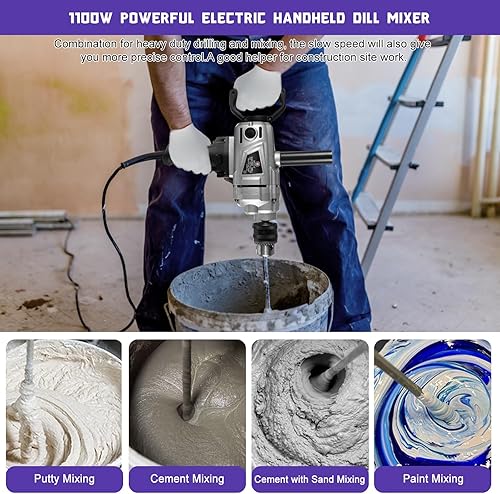 Miniatura 5 de Juego de mezcladores de taladro de alta resistencia de 1100 W 10 A, máquina de taladro mezclador con mango de pala, taladros eléctricos de 12