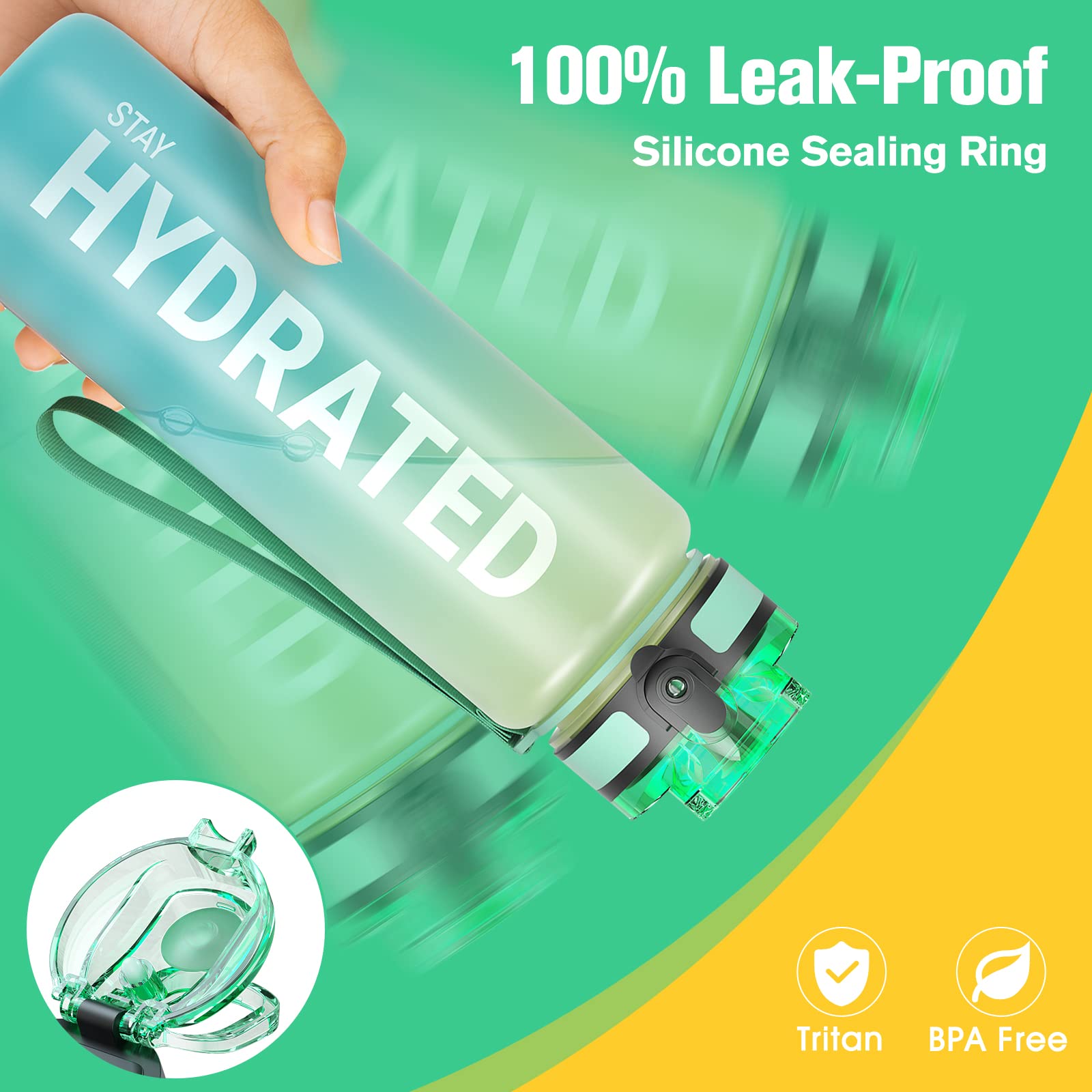 Sahara Sailor Leakproof Water Bottle 1L/500ML/750ML, Tritan BPA Free Motivational Sport Drinks Bottle with Clear Time Marker - Image 2