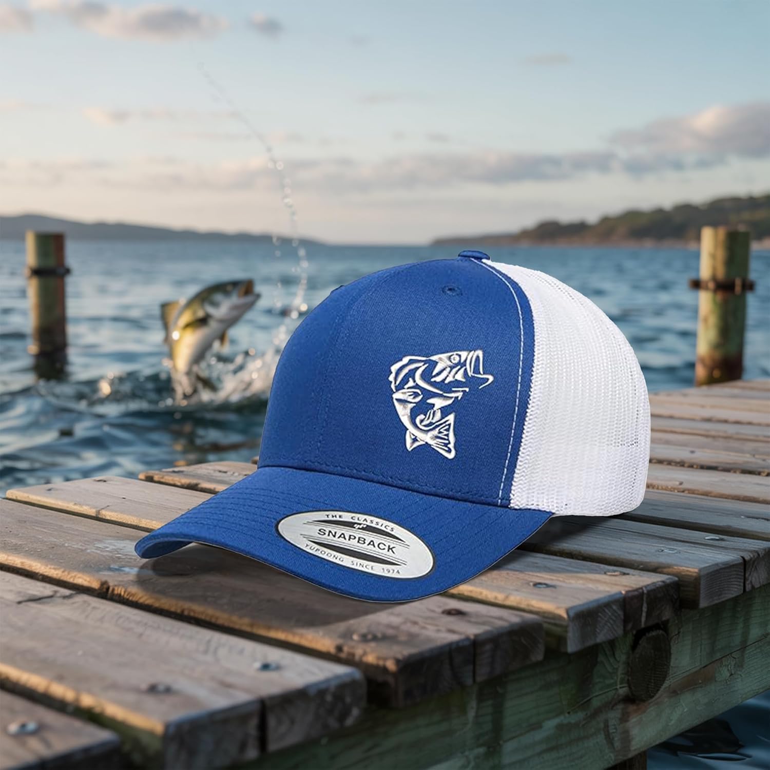 Jumping Bass Trucker Hat – Embroidered Fishing Snapback Cap for Men & Women, Breathable Mesh Outdoor Hat