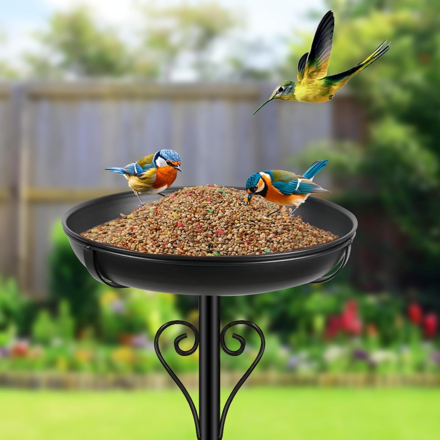 Abbeveratoio per Uccelli in Metallo con Supporto,Nero | Base migliorata a 5 bracci, vaschetta rimovibile da 12 pollici, facile da pulire,esterni giardino,terrazza,cortile e prato
