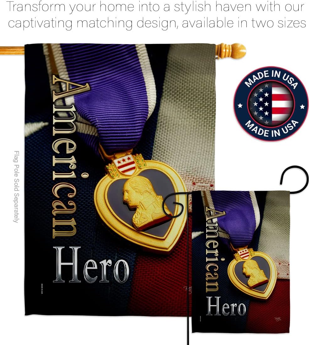 Breeze Decor HS108407-BO Purple Heart Hero Americana Military Impressions Decorative Vertical 28" x 40" Double Sided House Flag Set Pole Bracket Hardware