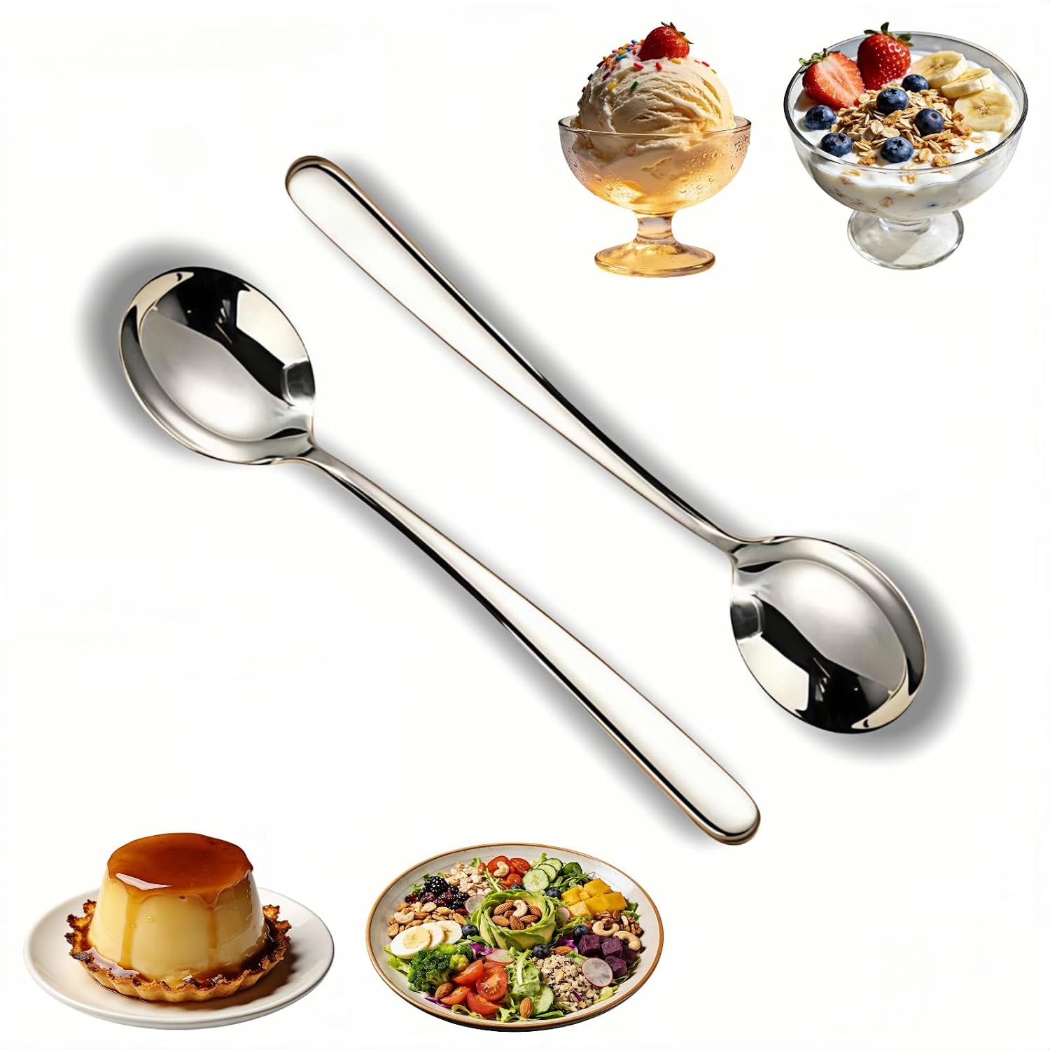 Stainless Steel Long Handle Spoons, Mirror Polished, 8.15 Inch, Set of 2, Dishwasher Safe, for Rice, Soup, Dessert