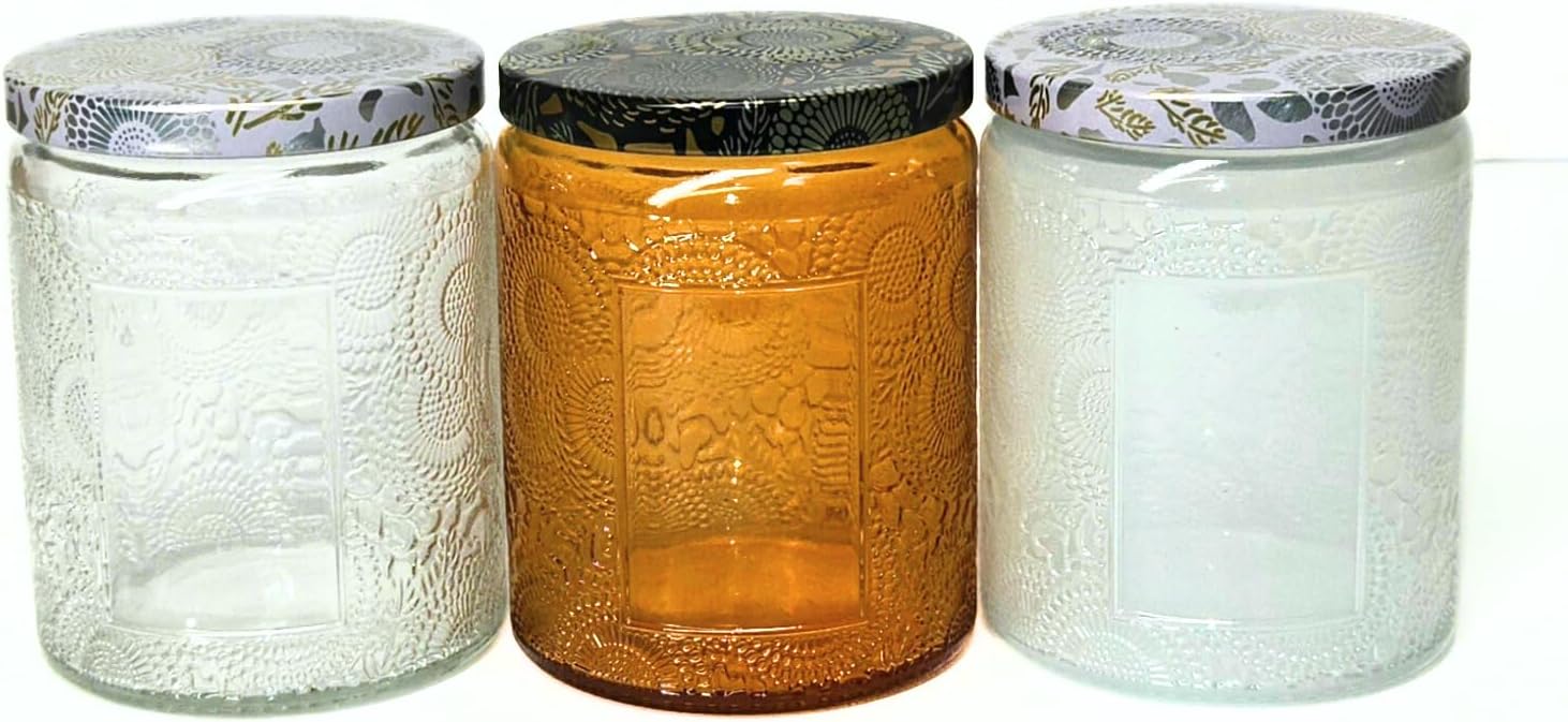 9oz/250ml Embossed Candle Jars – 6 Pack Empty Glass Containers with Tin Lids, Sticker & Warning Labels for Candle Making, DIY Candle Craft (Mixed Colors)