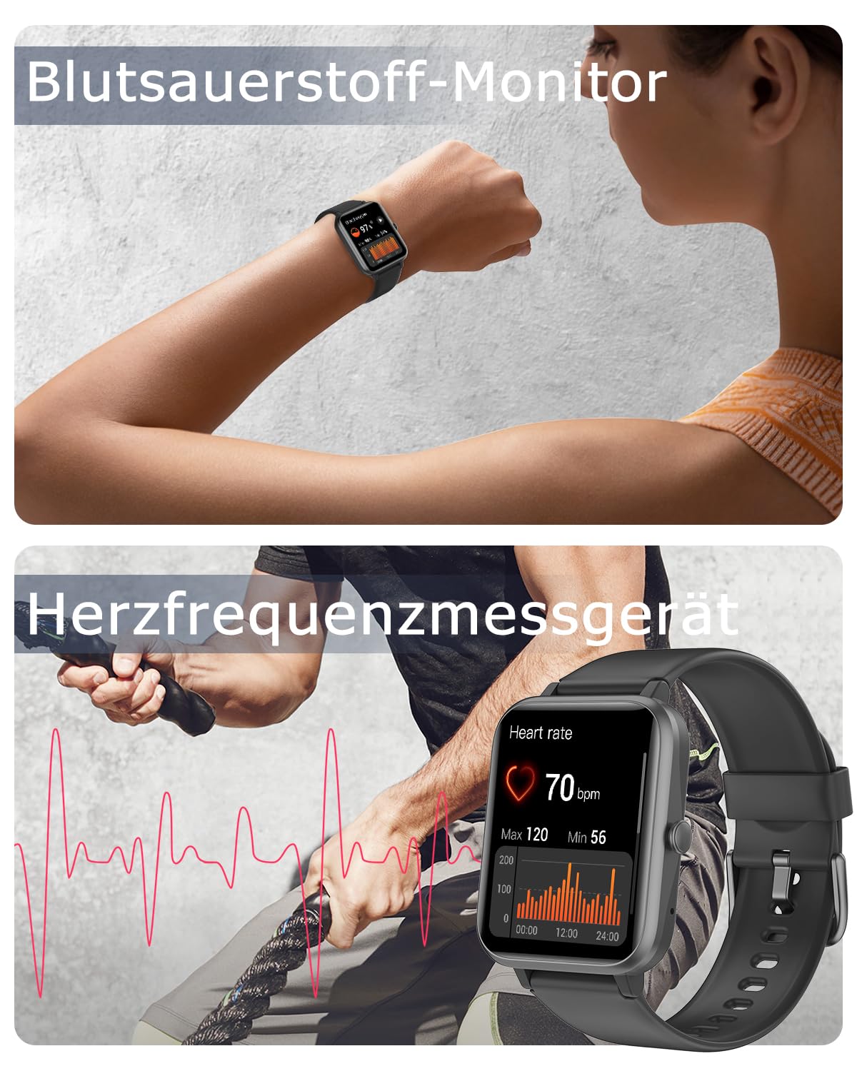 GRV Smartwatch Damen Herren 1.85" HD Fitnessuhr Telefonfunktion SpO2 Herzfrequenz Schlafmonitor Schrittzähler KI-Sprachsteuerung 100+ Sportmodi IP68 Wasserdicht iOS Android