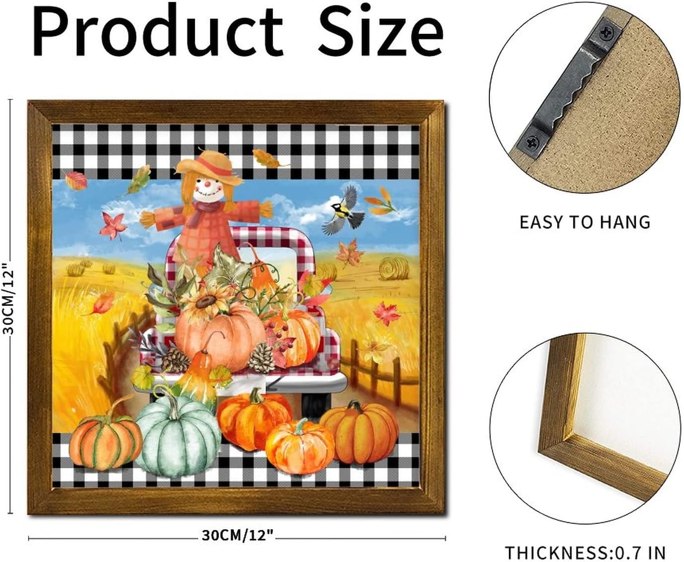 Thanksgivin Scarecrow Plaid Truck Wood Framed Signs Farm Pumpkin Maple Leaves Plaid Hanging Wood Sign Rustic Farm Harvest Home Wall Decoration for Office Bedroom Living Room Home 12x12 inch