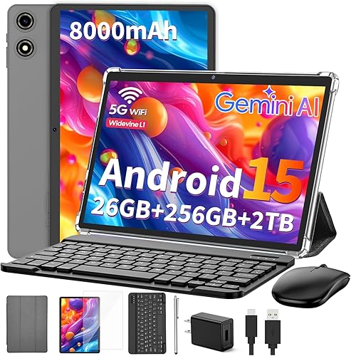 Tablet 2026 con teclado, 26 GB + 256 GB (expansión de 2 TB), tabletas Android 15 de 10 pulgadas con Octa Core, Gemini AI, WiFi 5G, 8000mAh, BT 5.0,