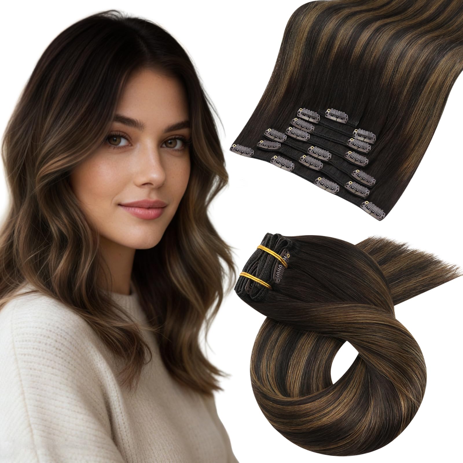 Moresoo Human Hair Extensions Clip in Real Hair Ash Blonde with Bleached Blonde Clip in Hair Extensions Remy Human Mid-length Hair Layered Add Volume 14 Inch 5pcs/80g #P18/613 — view 33